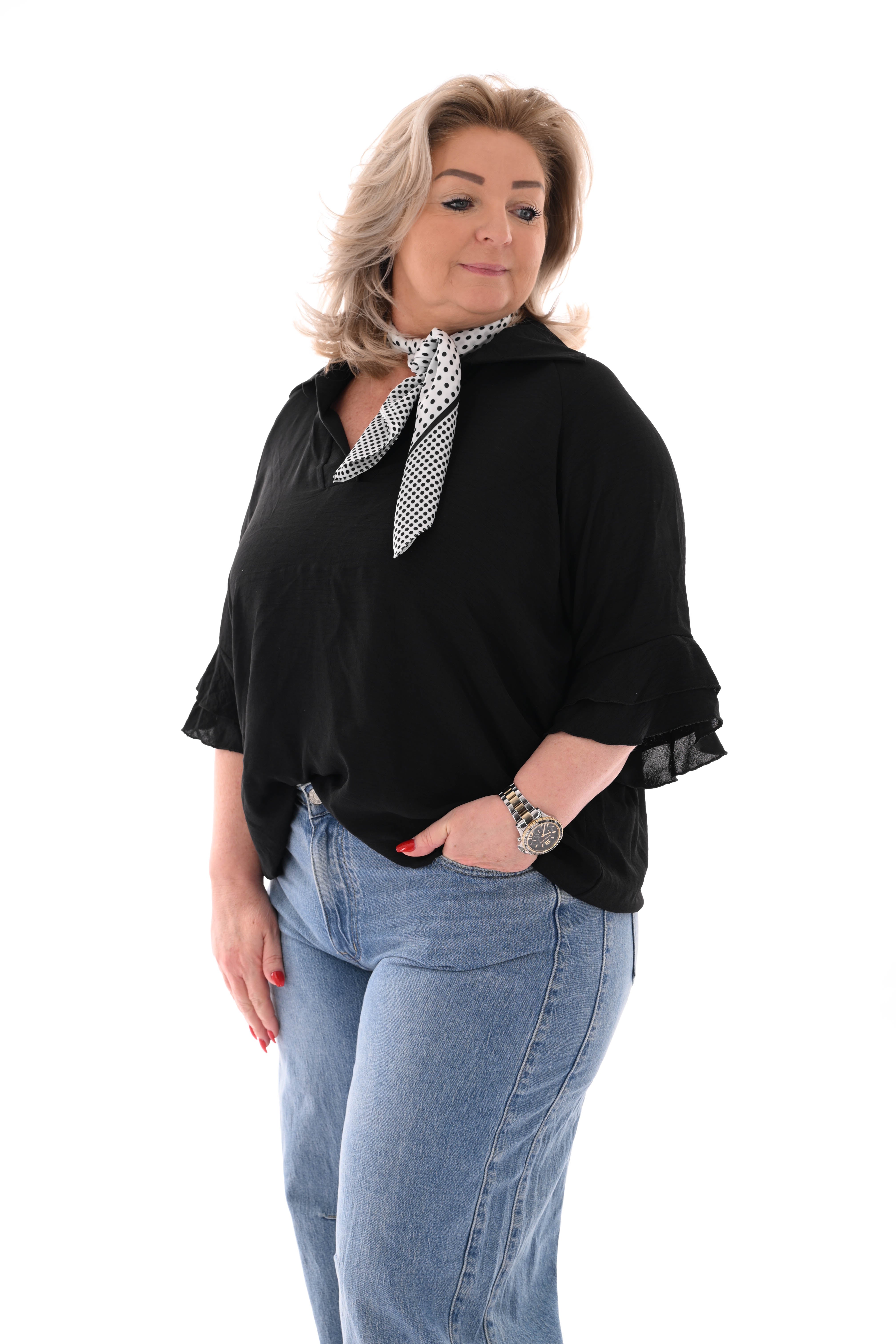 Top v-hals met korte roezelmouwen zwart