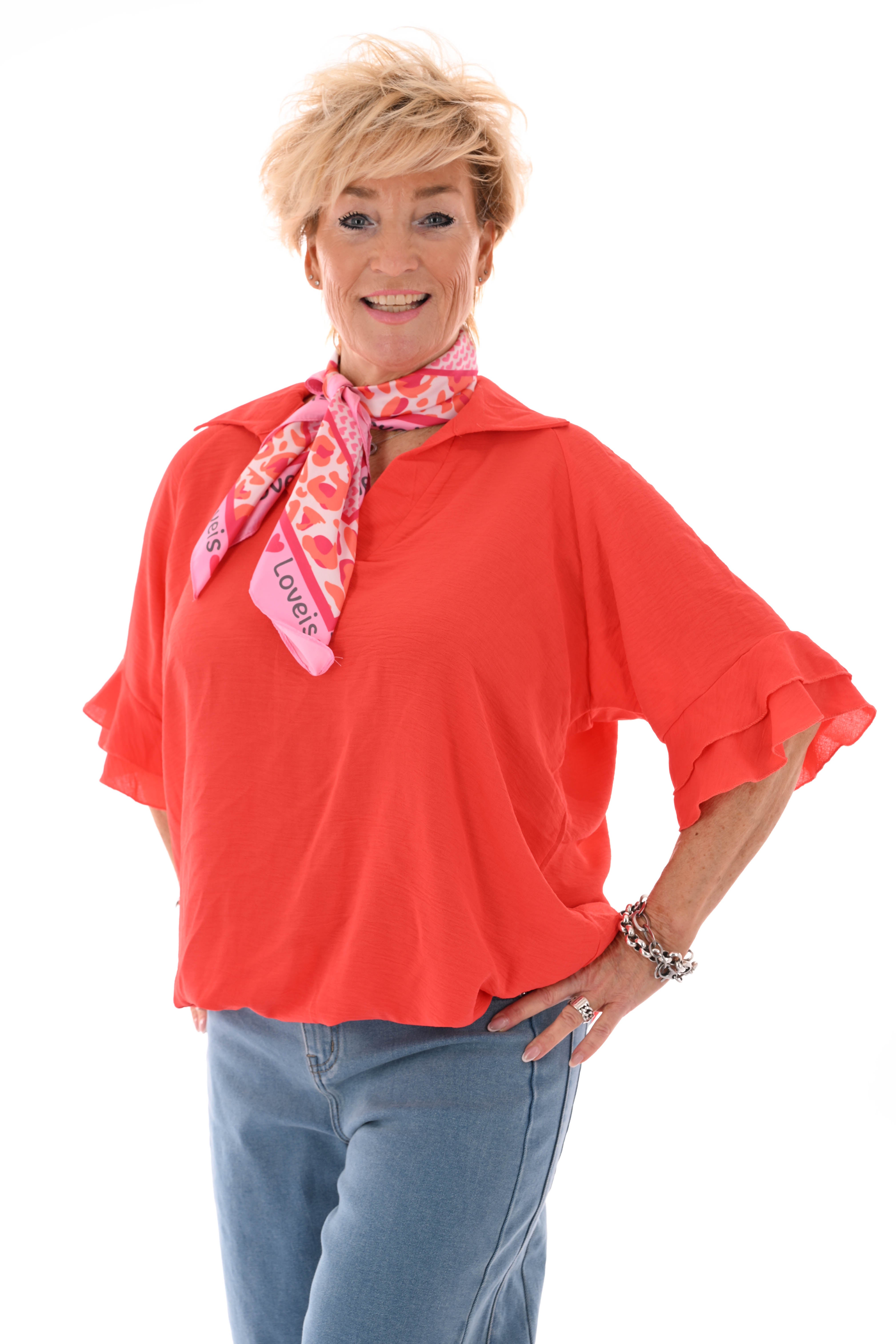 Top v-hals met korte roezelmouwen oranje