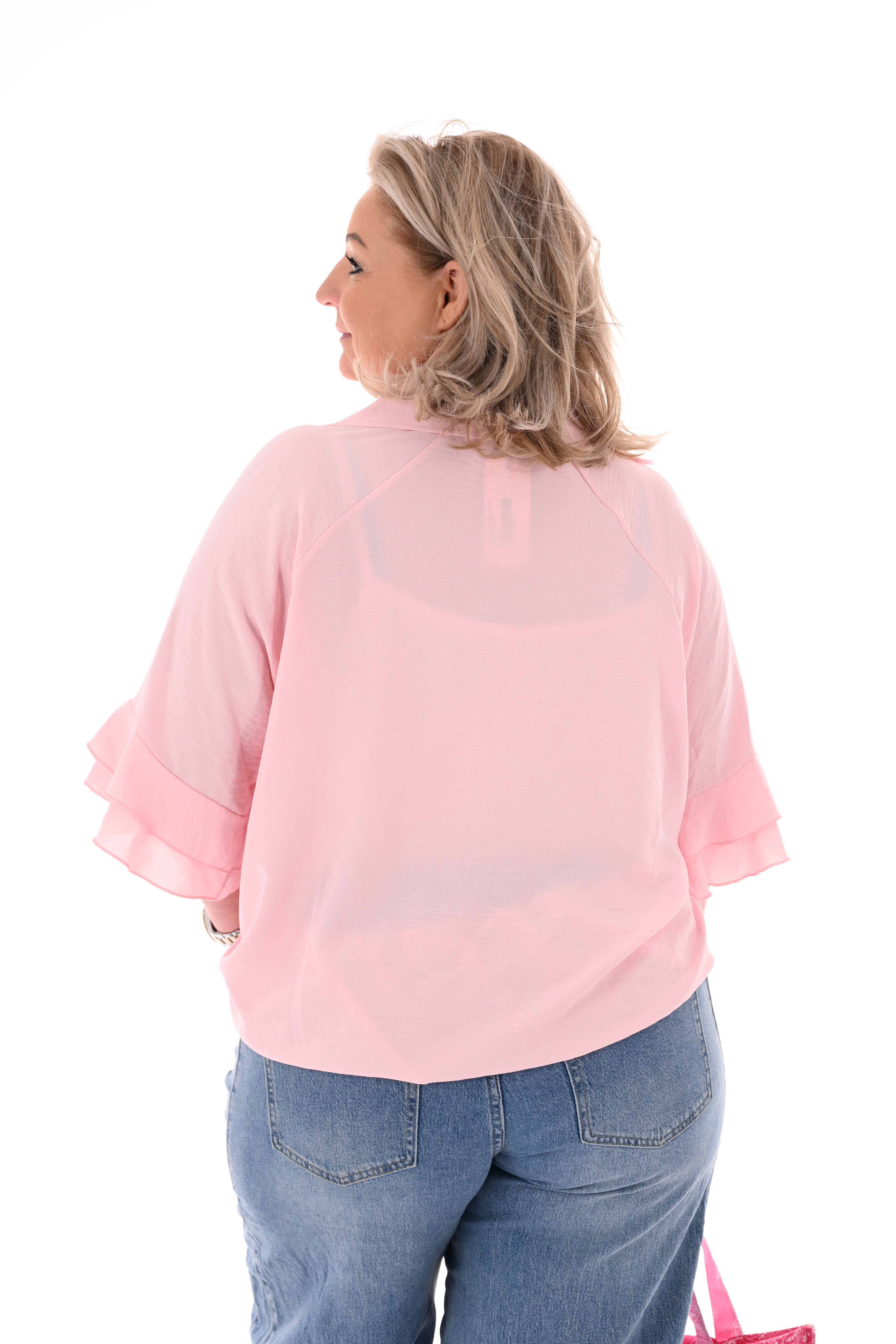 Top v-hals met korte roezelmouwen lichtroze