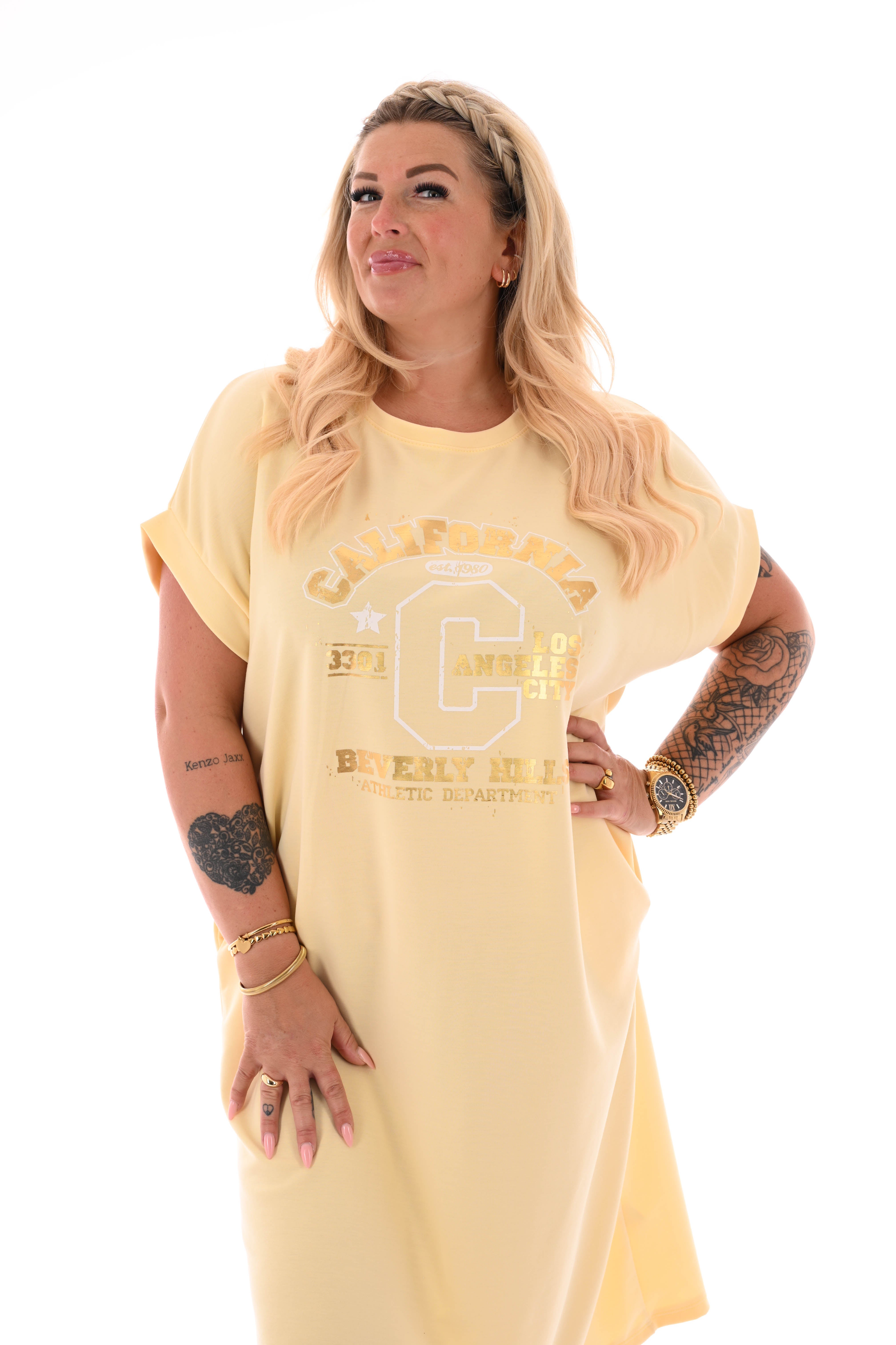 Sweaterdress korte mouwen California lichtgeel