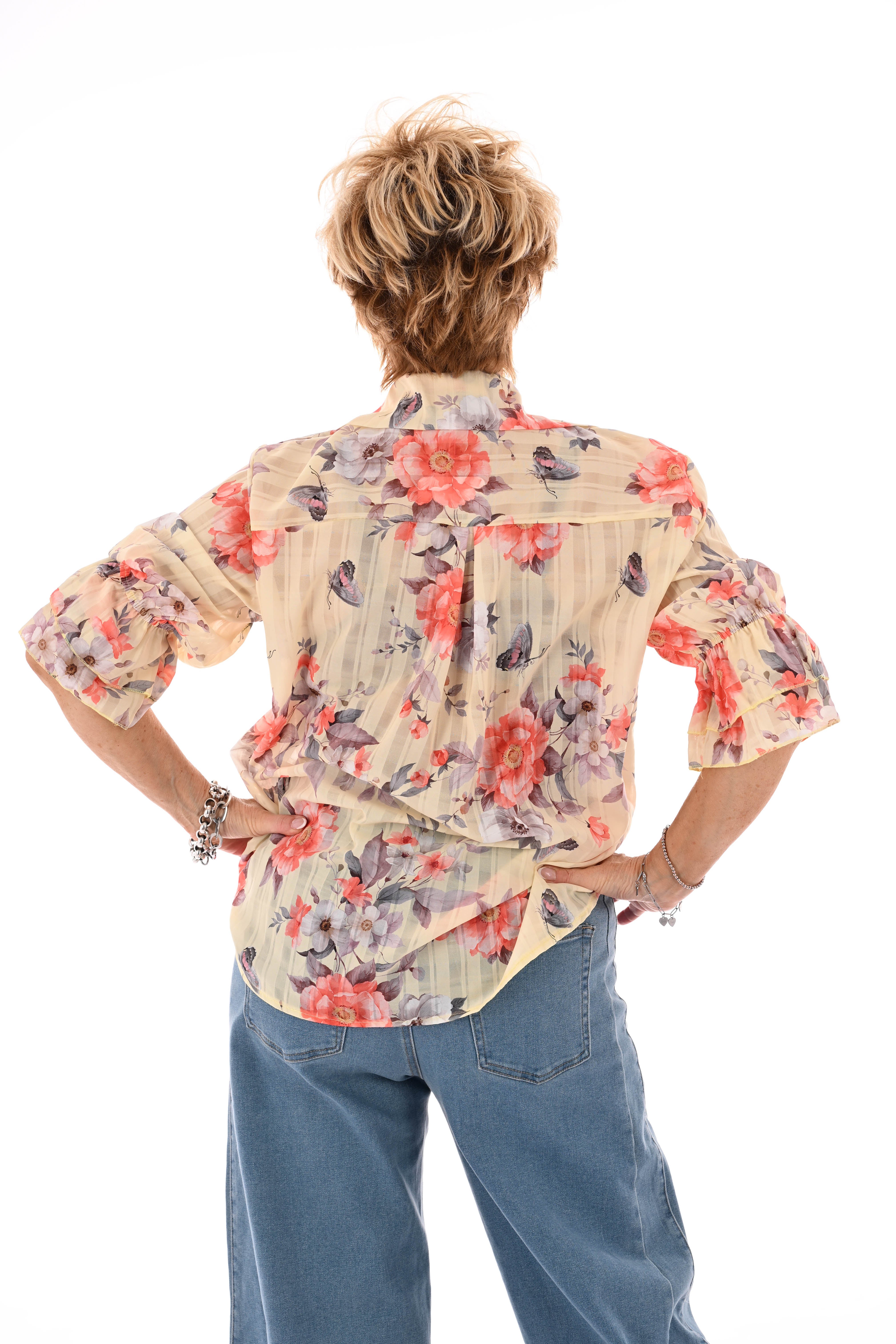 Doorknoop blouse flowers lichtgeel