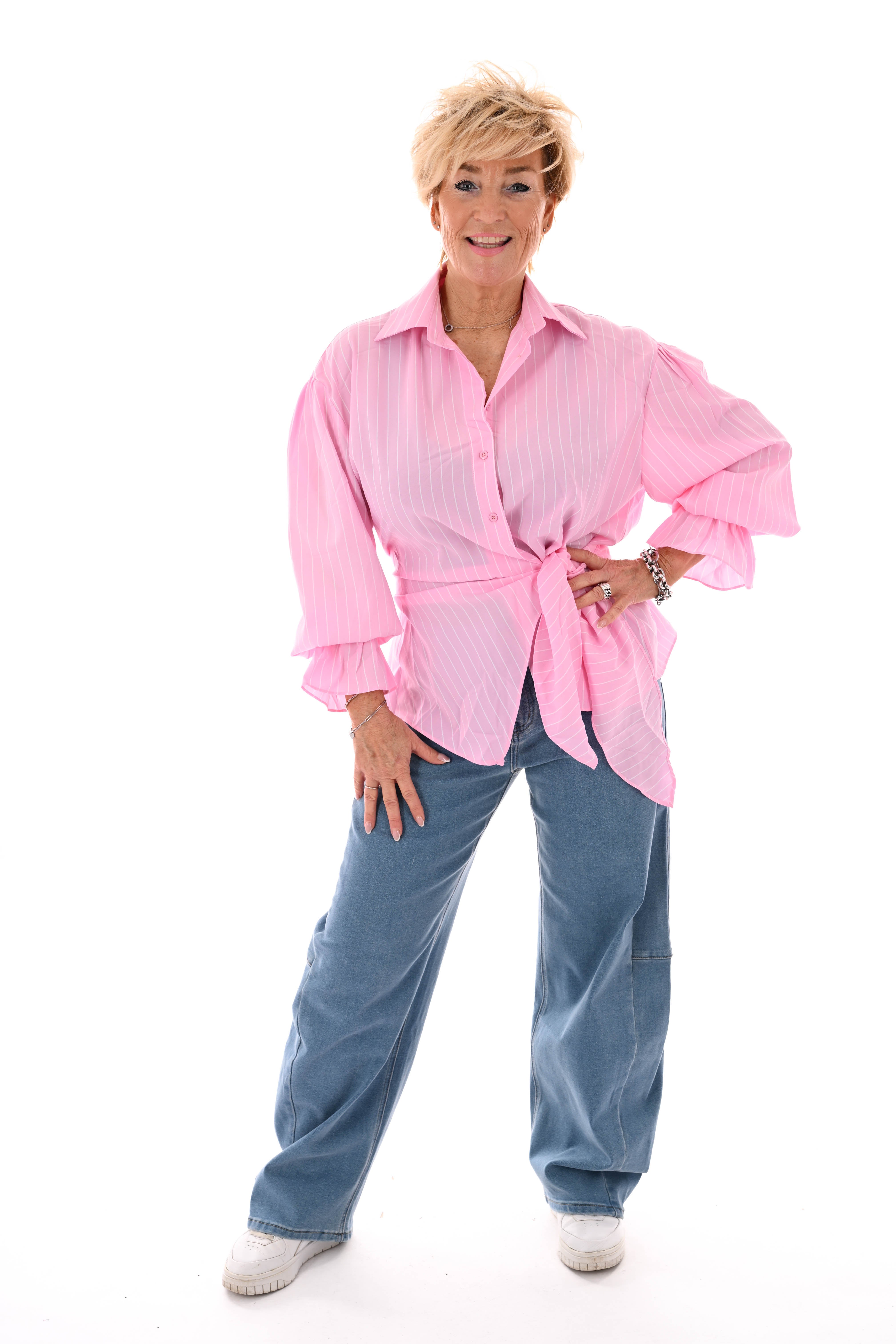 Blouse met fijne streepjes en ceintuur lichtroze