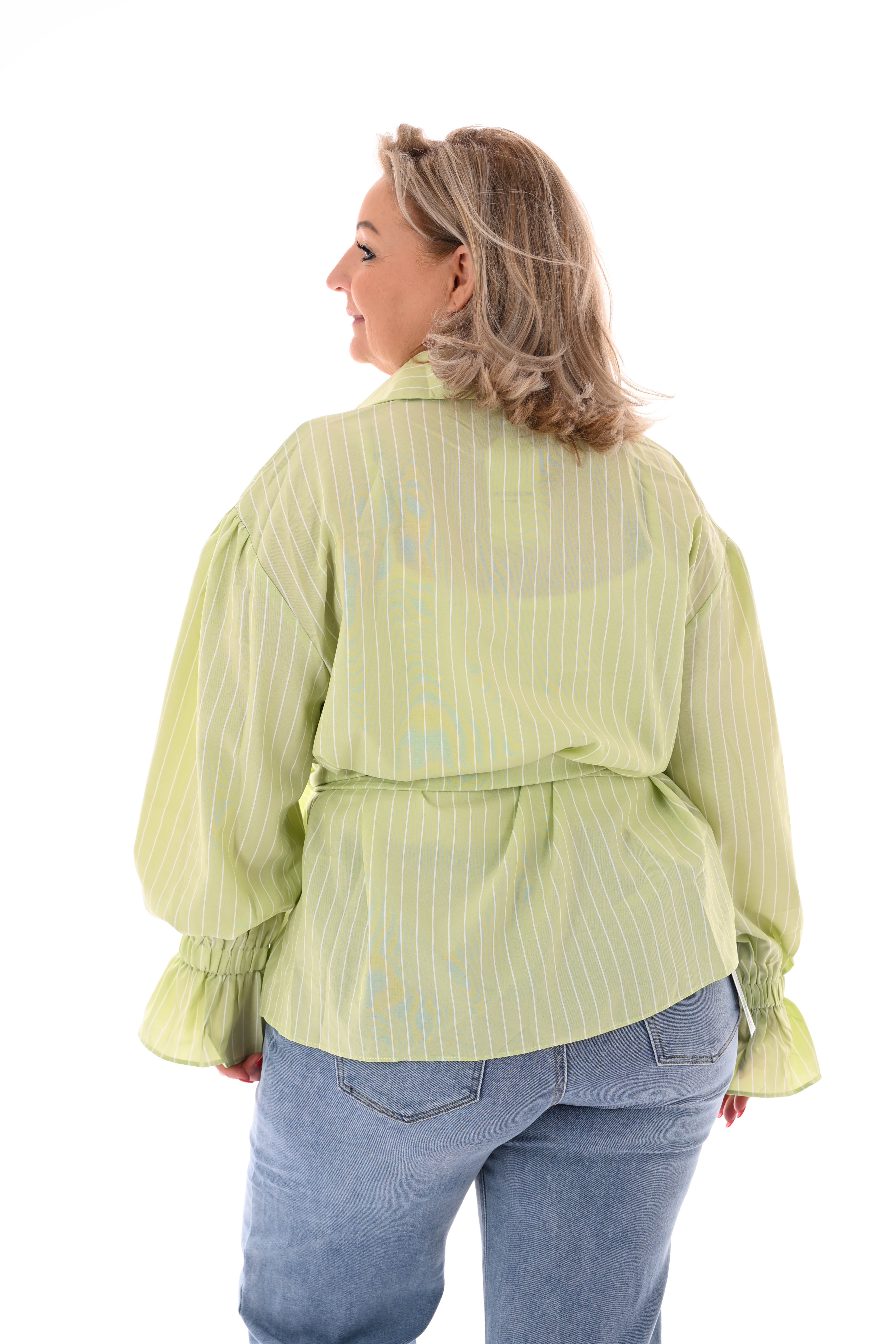 Blouse met fijne streepjes en ceintuur lichtgroen