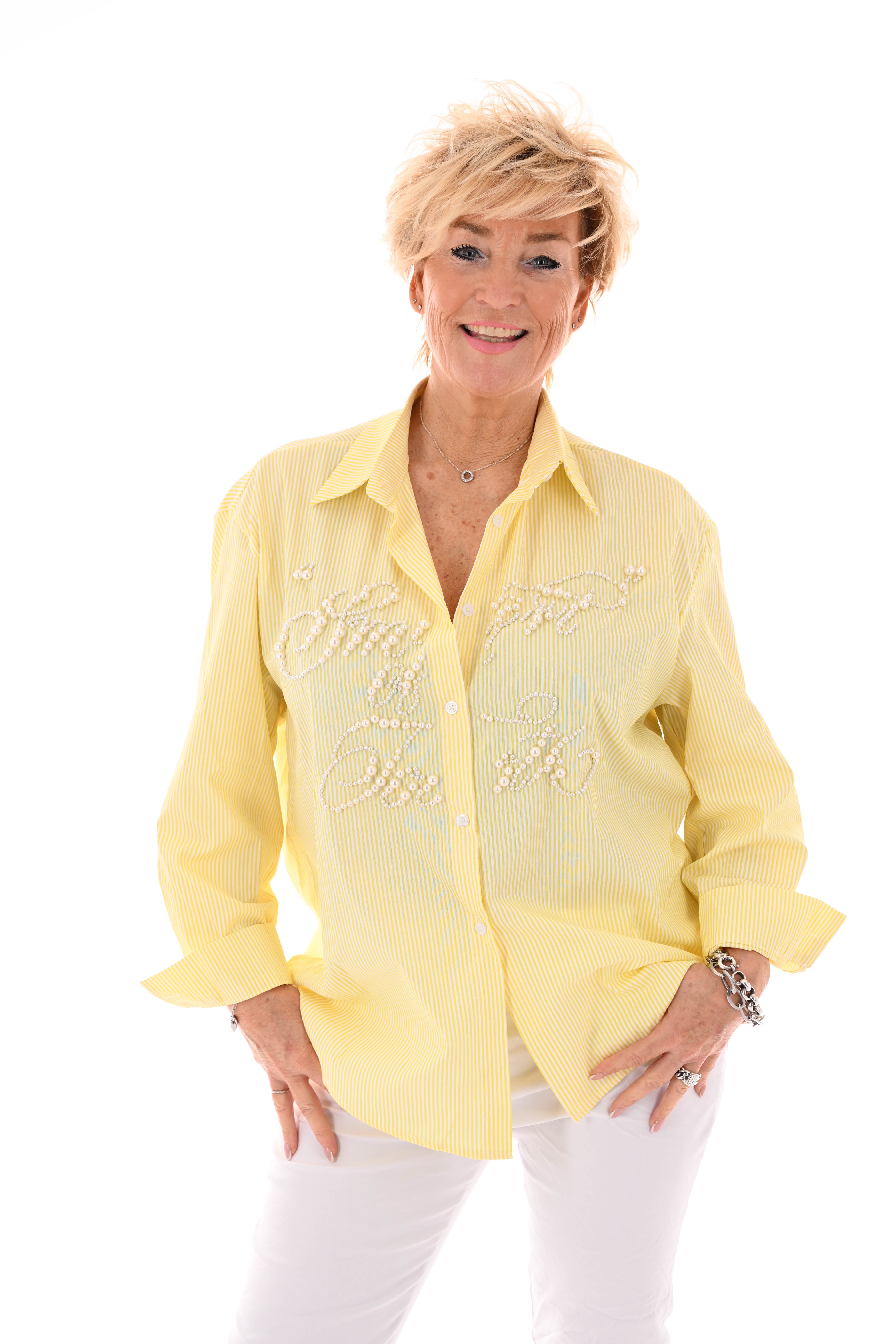 Blouse streepjes en parels geel
