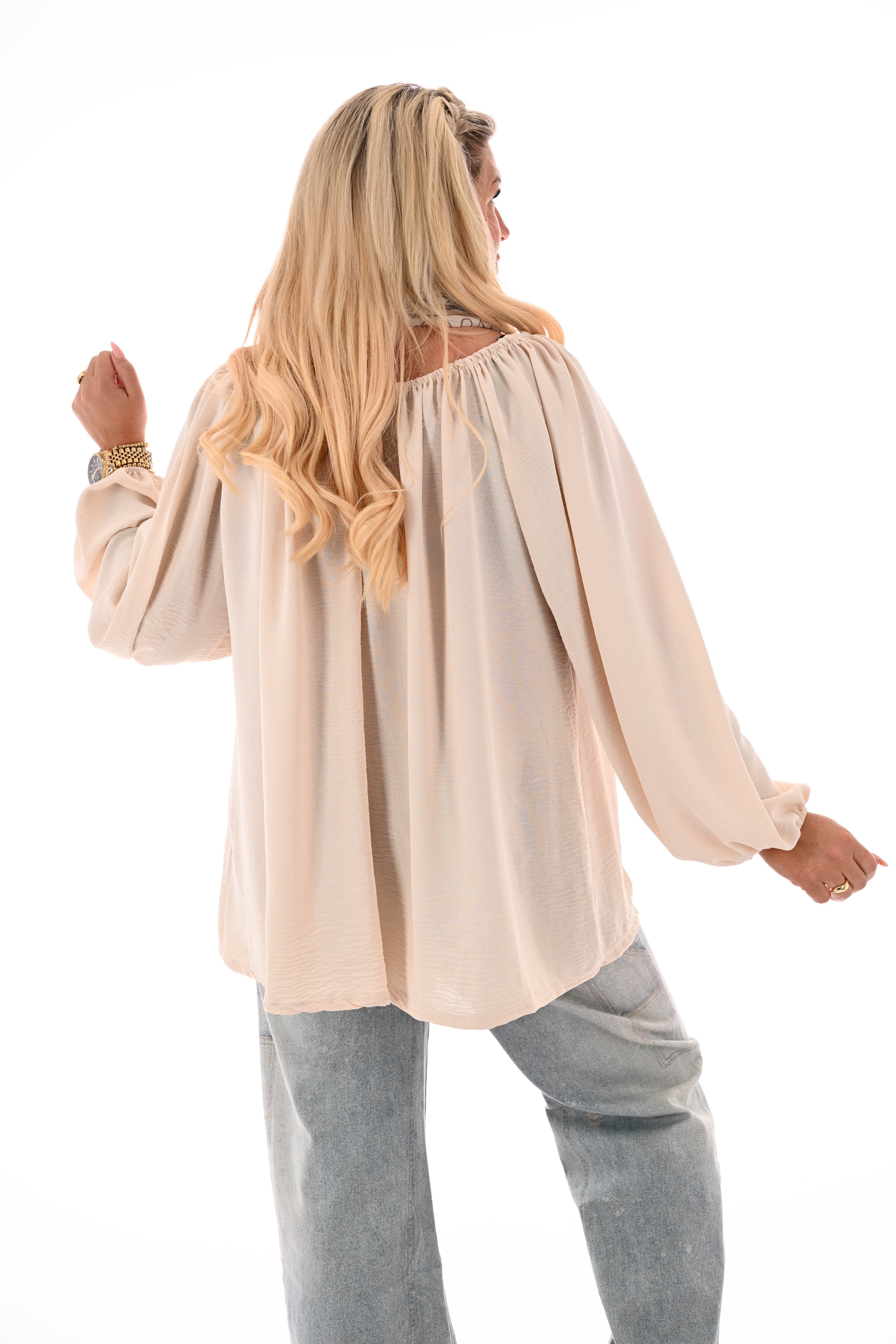 Top off-shoulder lange mouwen uni beige