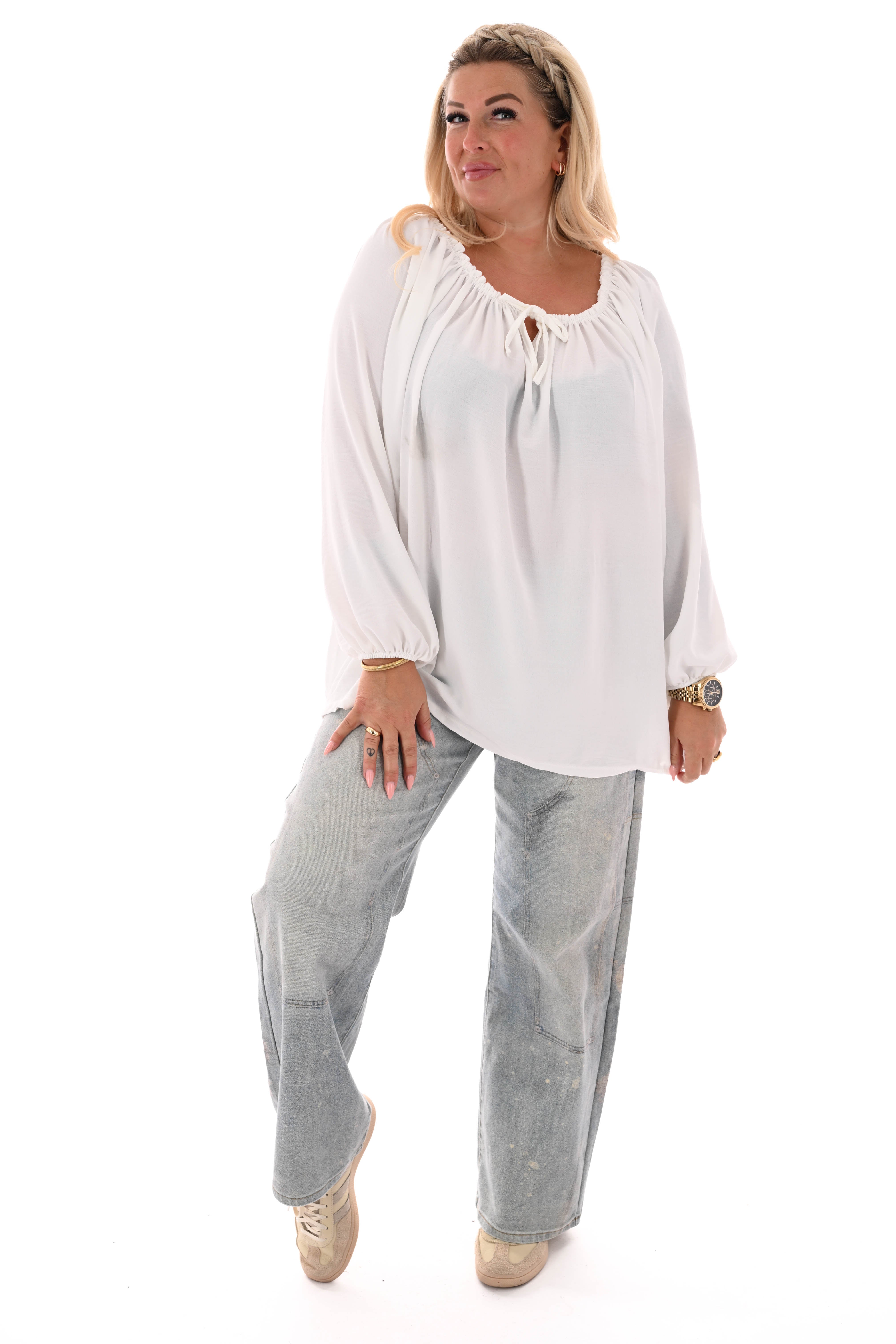 Top off-shoulder lange mouwen uni roomwit