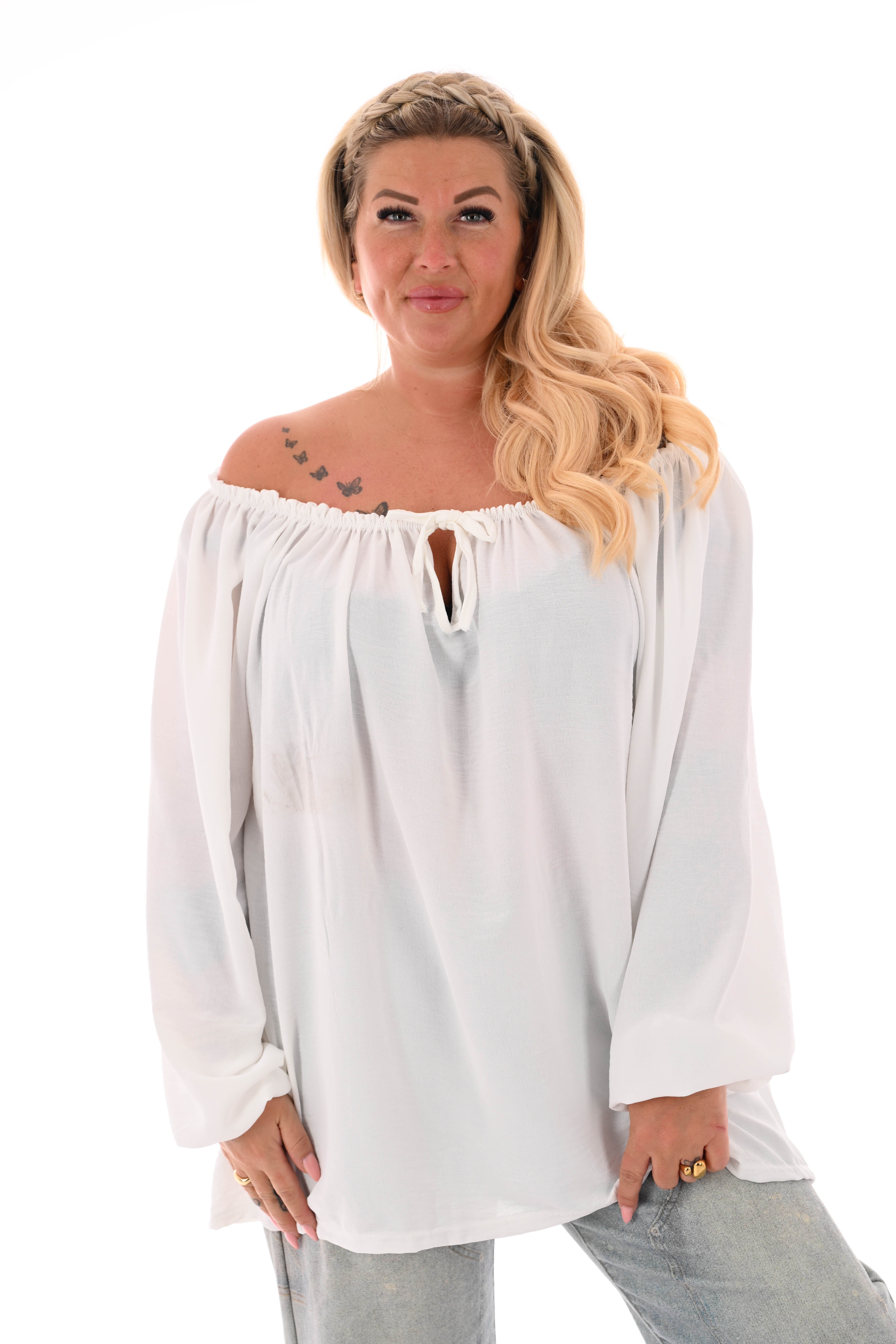 Top off-shoulder lange mouwen uni roomwit