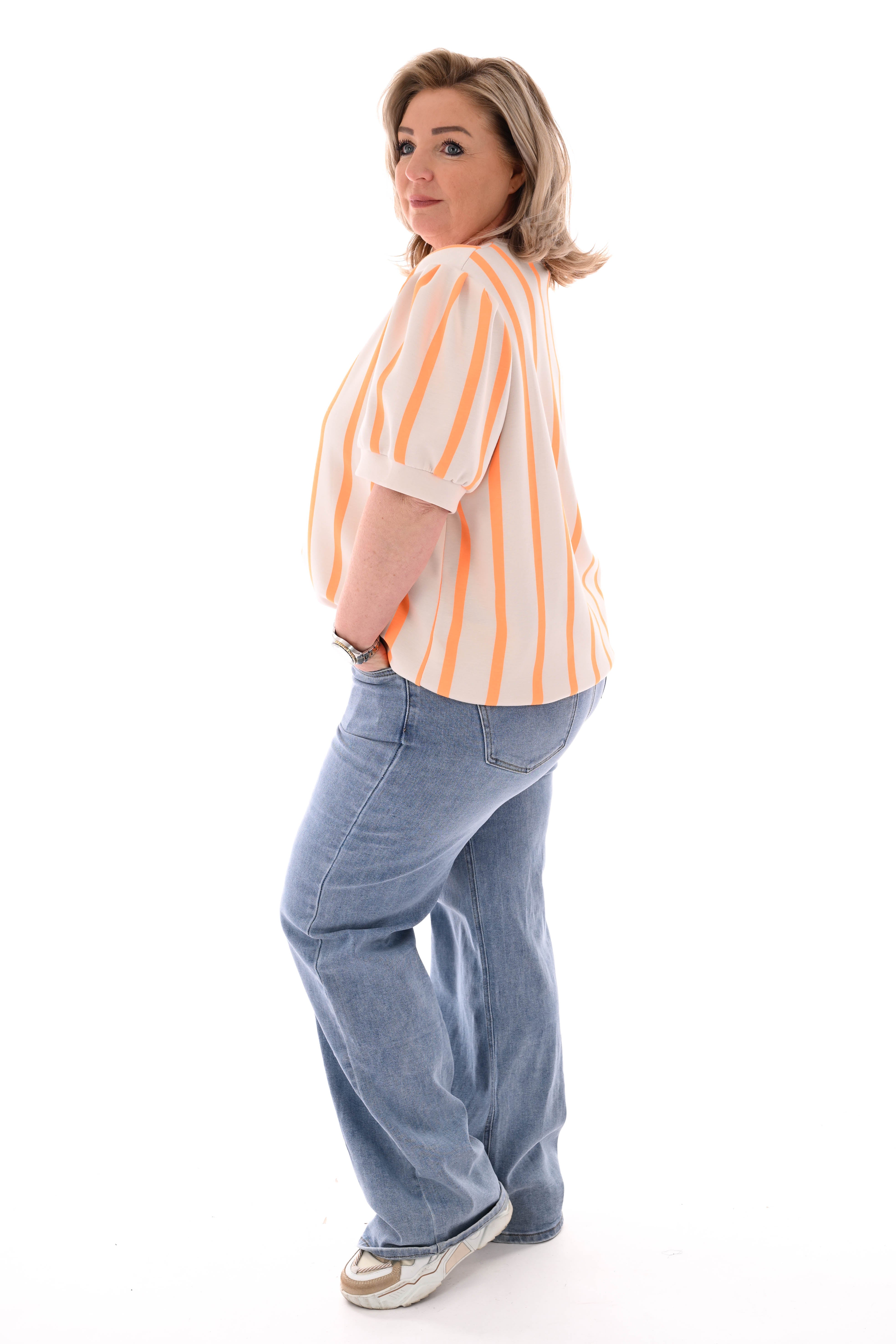 Sweater korte pofmouwen streep beige