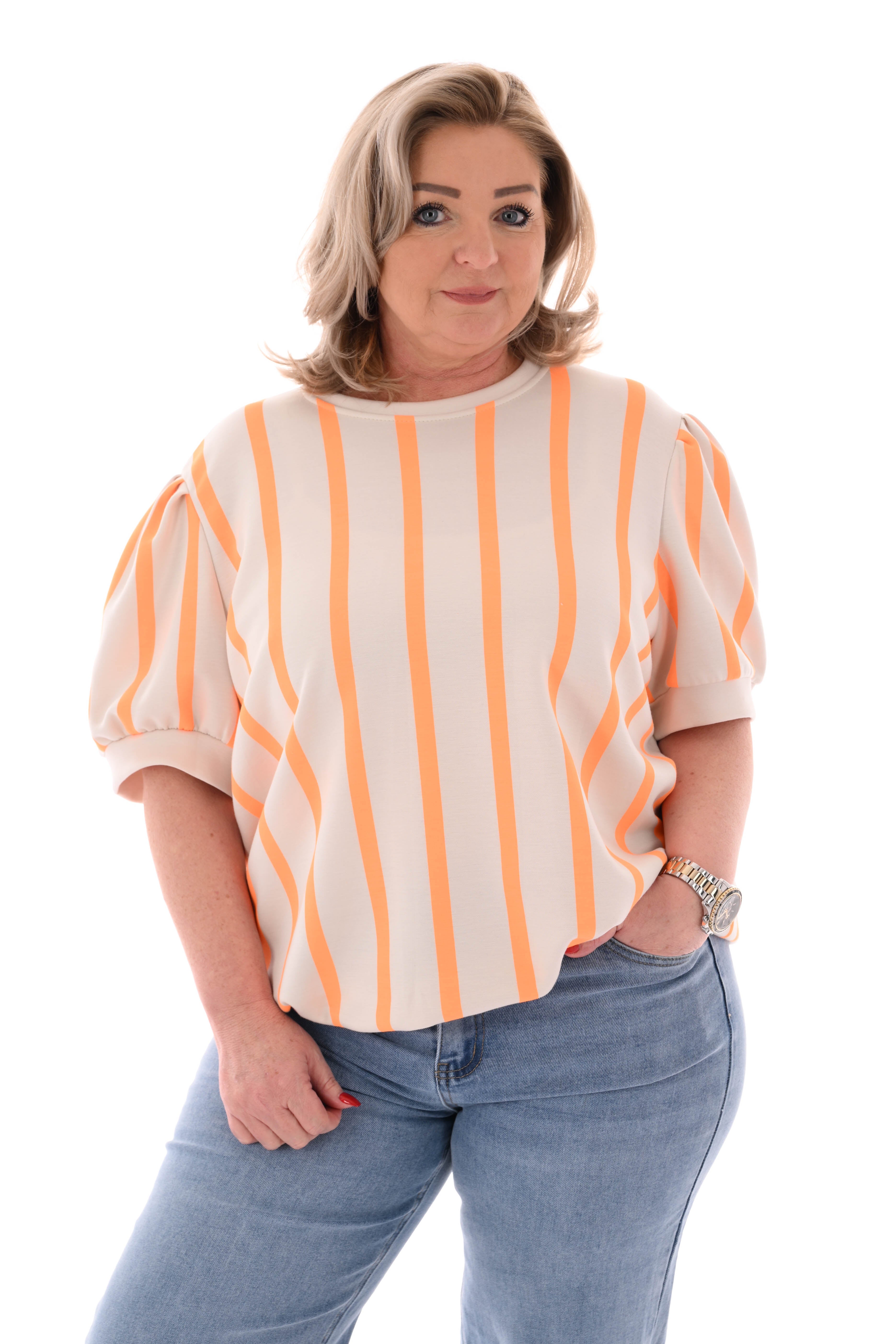 Sweater korte pofmouwen streep beige