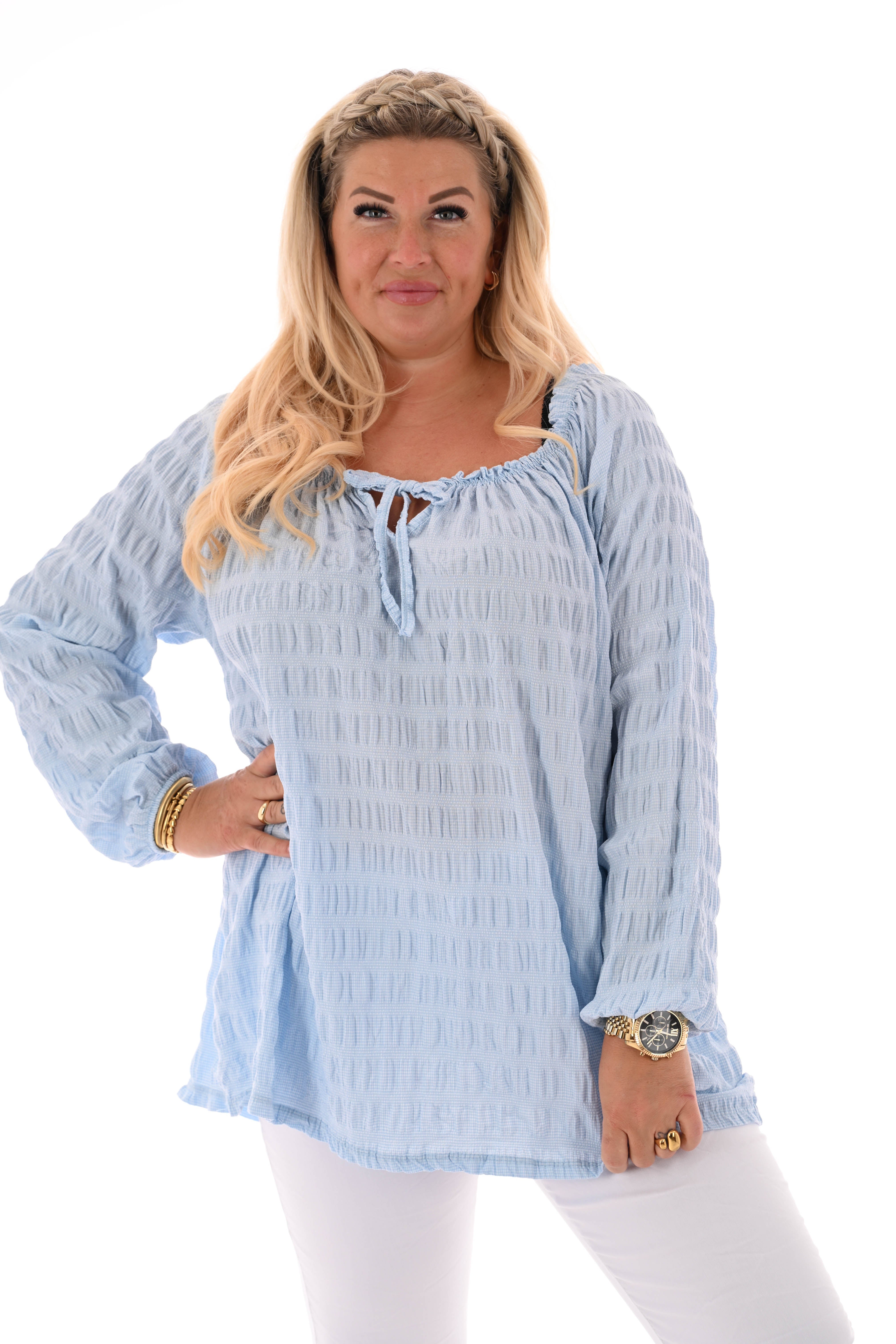 Top off-shoulder gesmockt lange mouwen lichtblauw