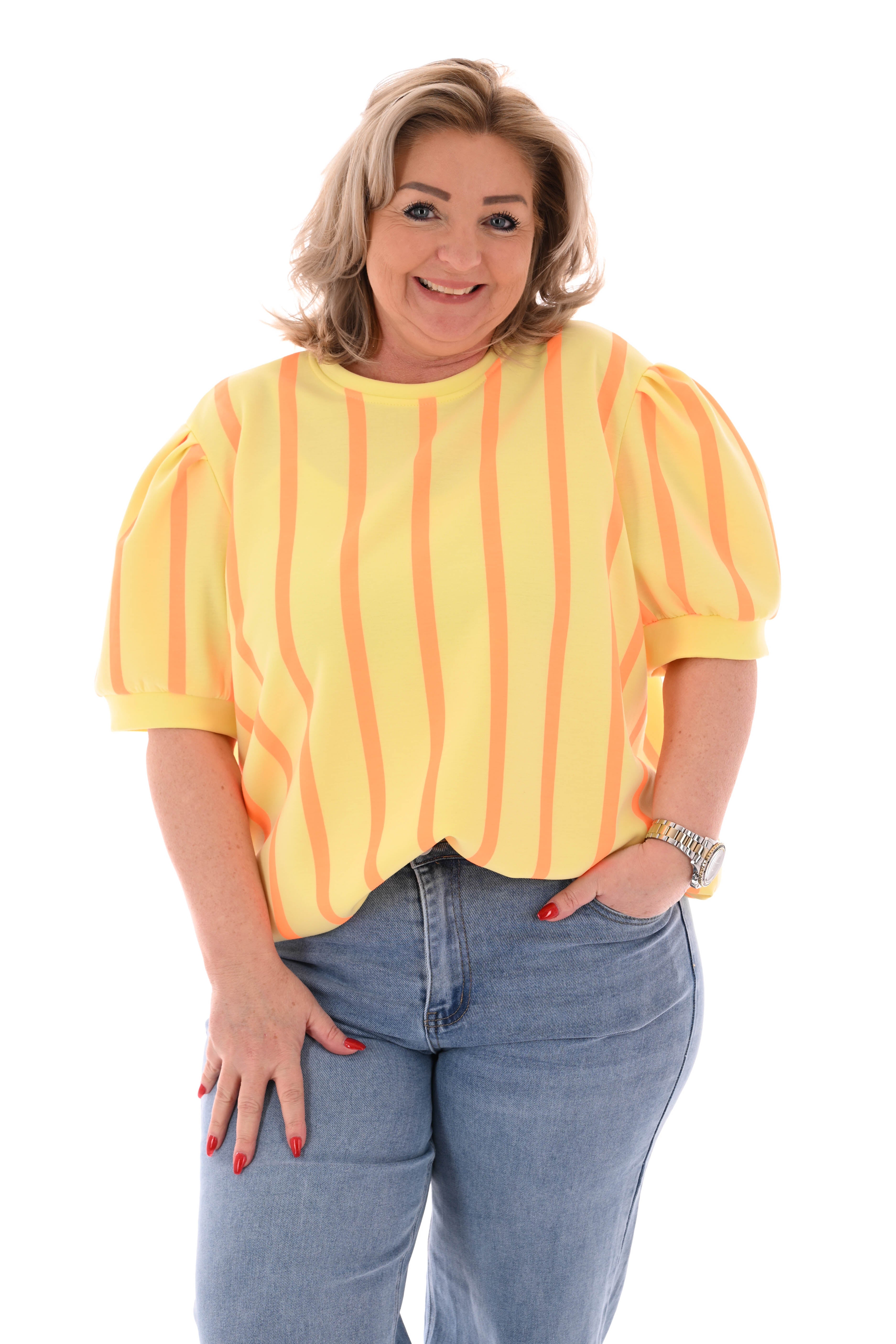 Sweater korte pofmouwen streep geel