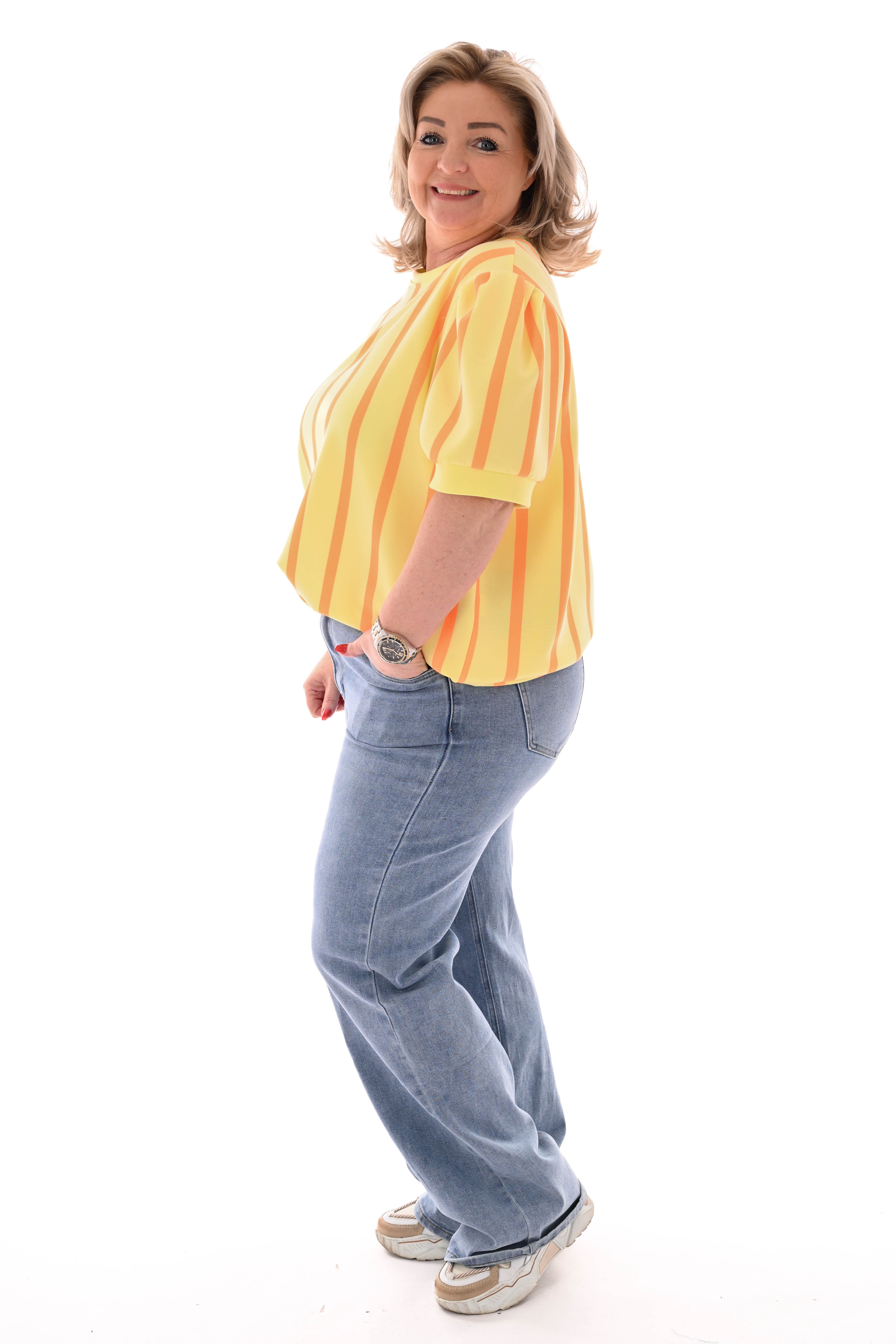 Sweater korte pofmouwen streep geel