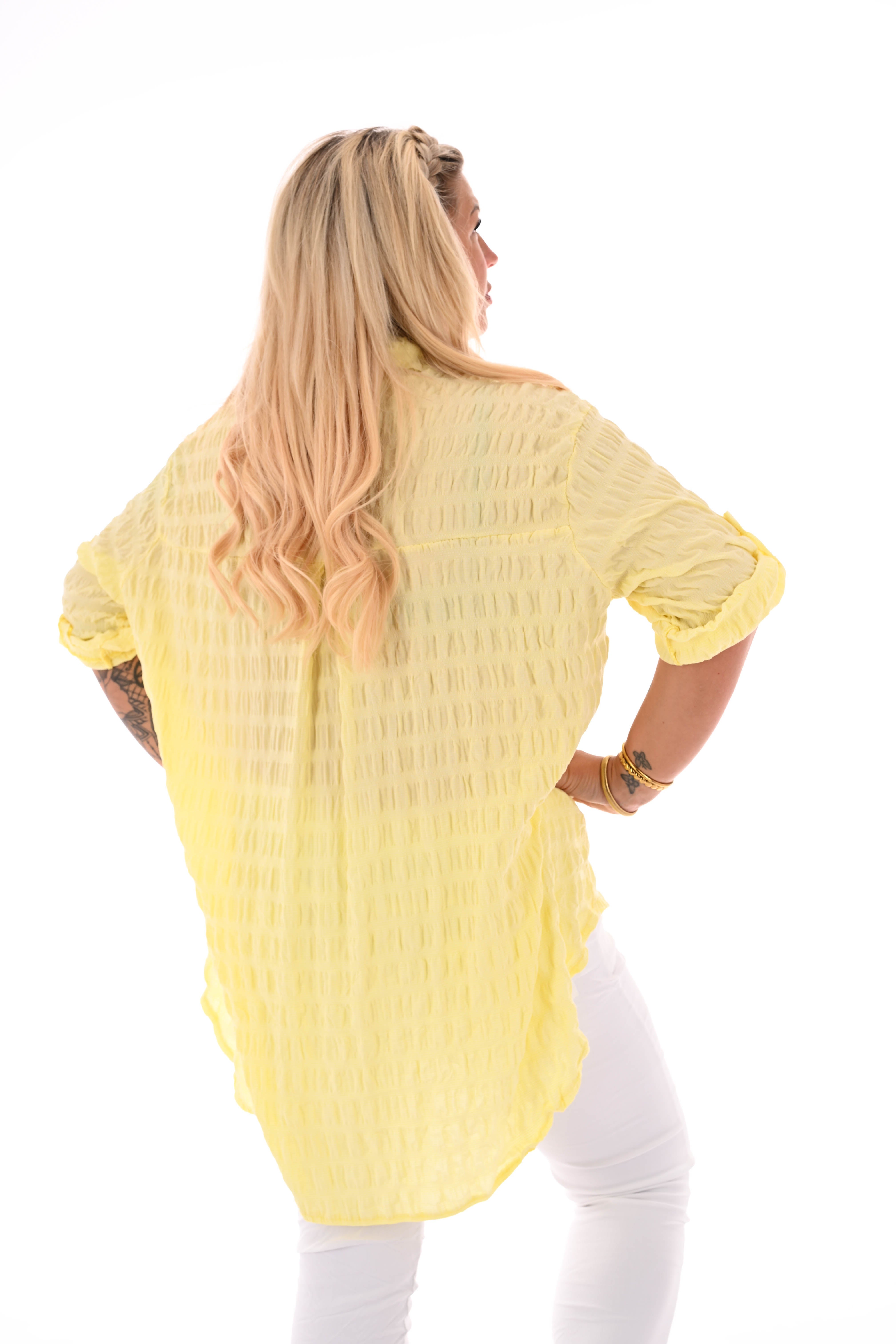 Blouse doorknoop gesmockt ophaalmouwen lichtgeel