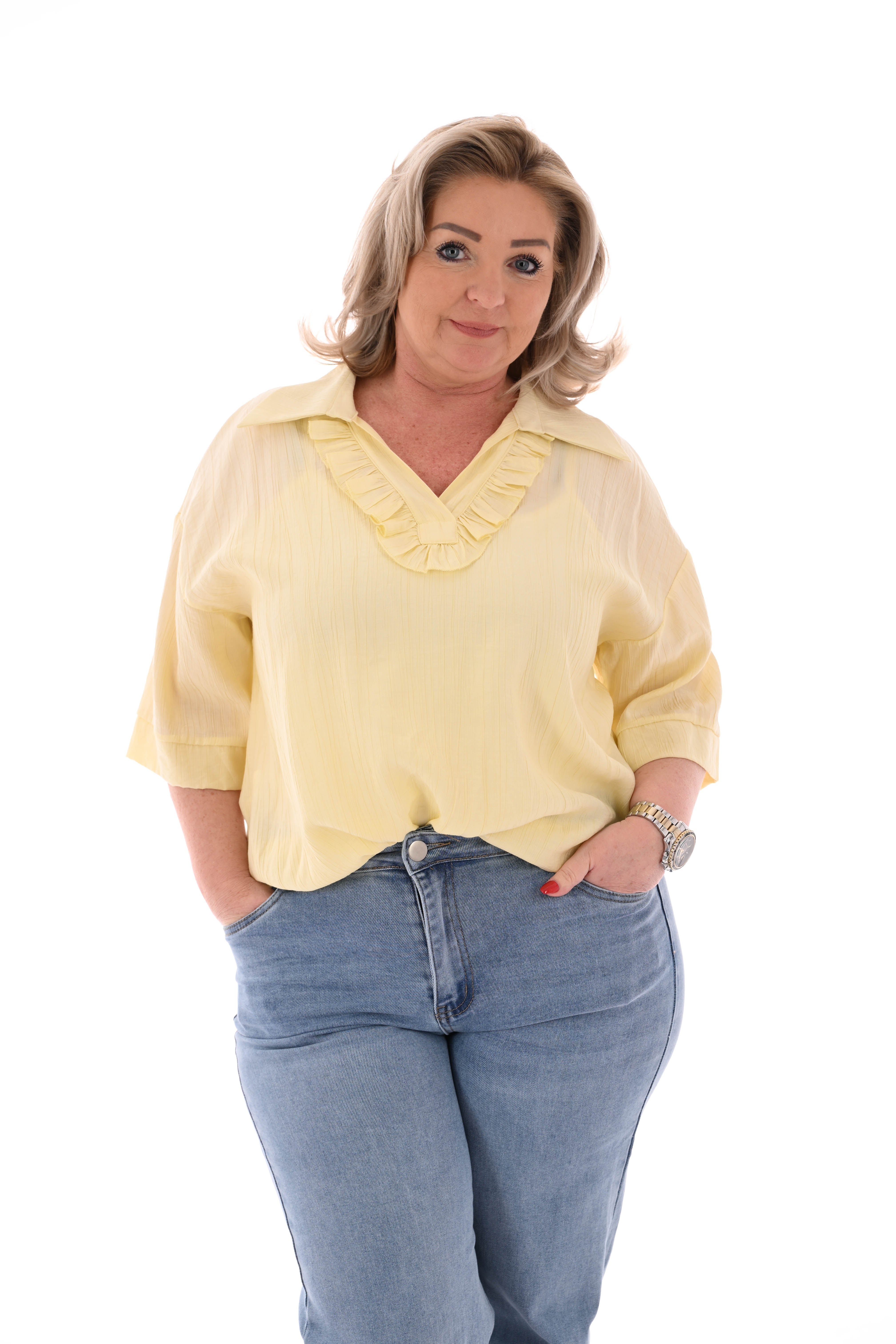 Blouse met roezel v-hals lichtgeel