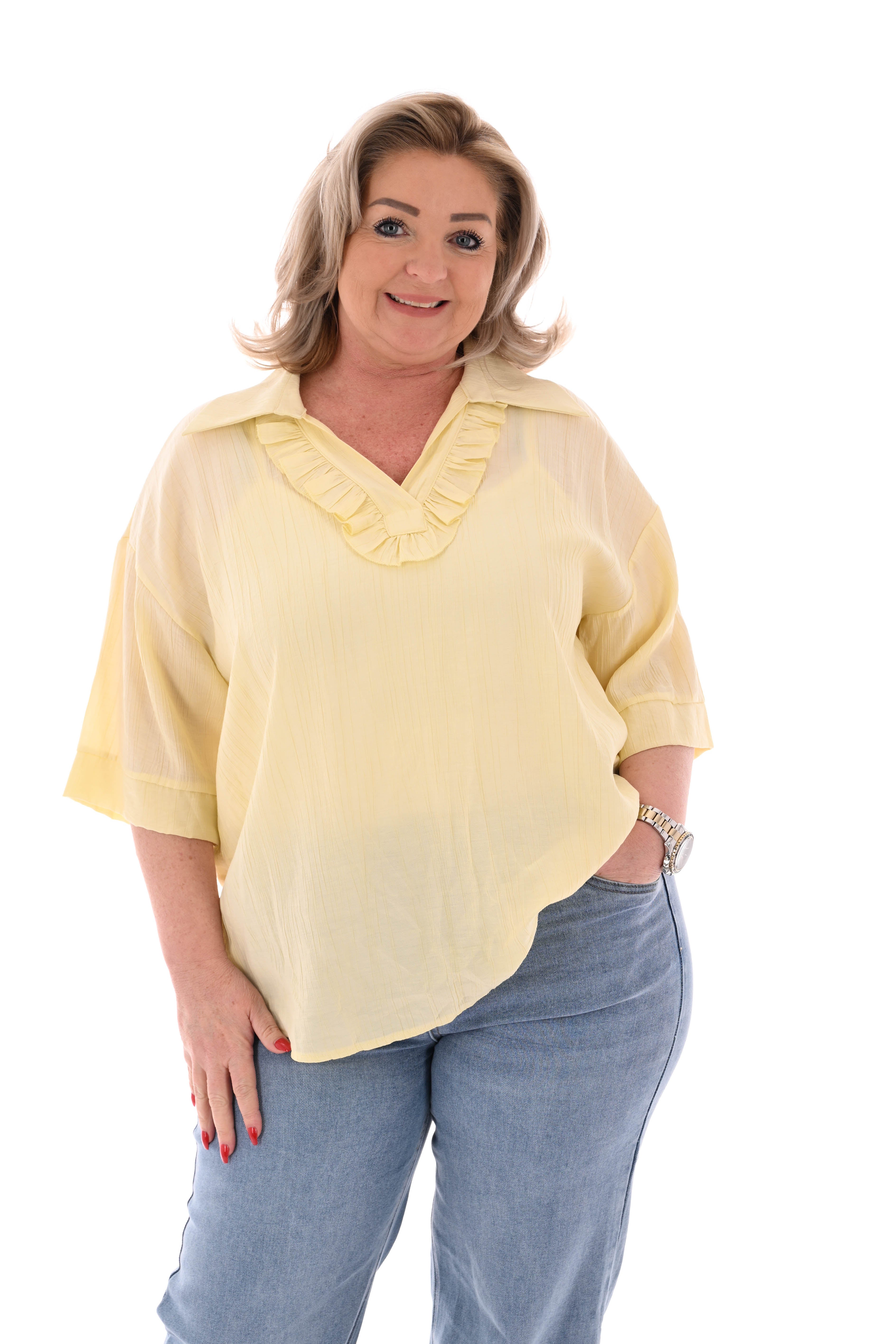 Blouse met roezel v-hals lichtgeel