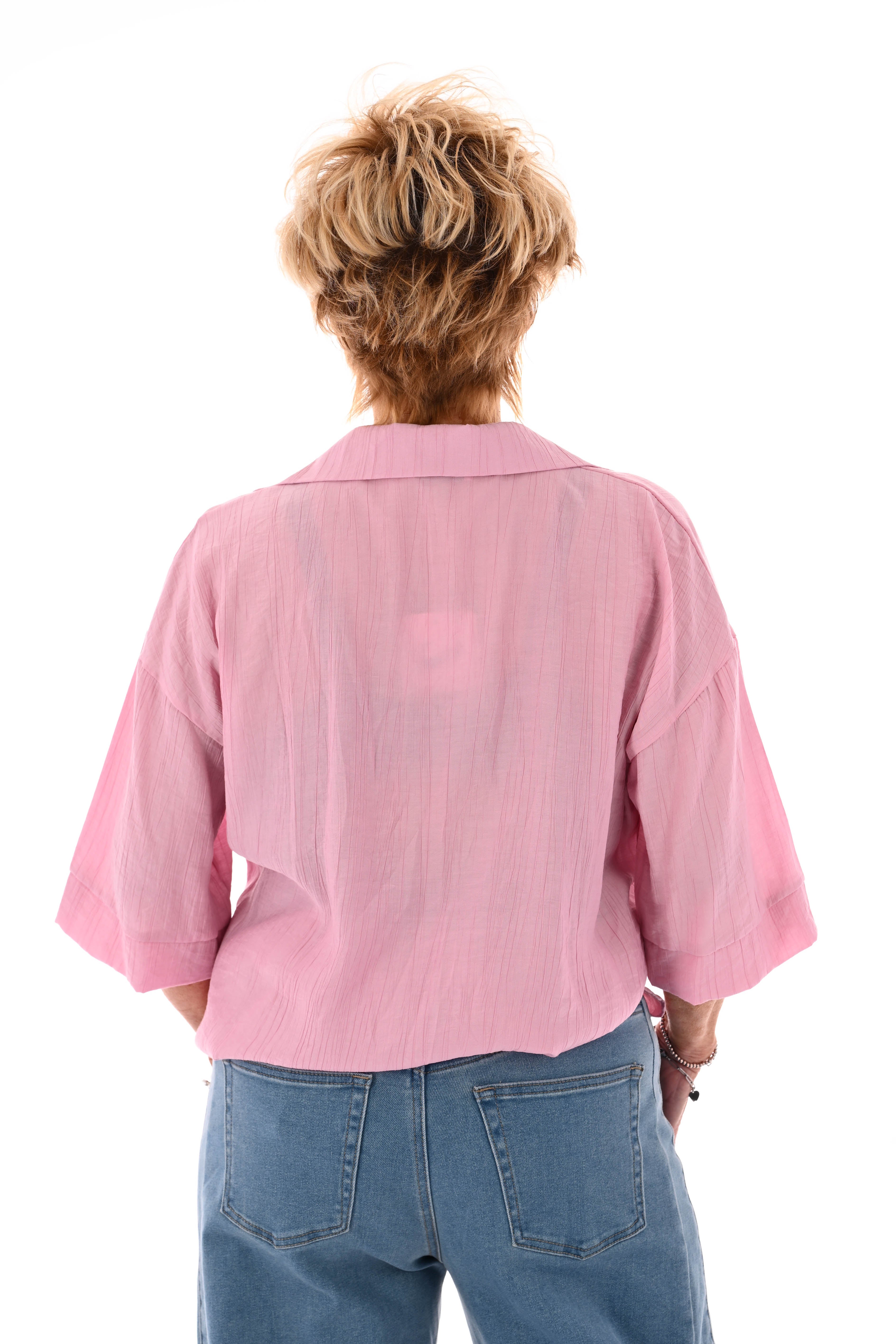 Blouse met roezel v-hals lichtroze