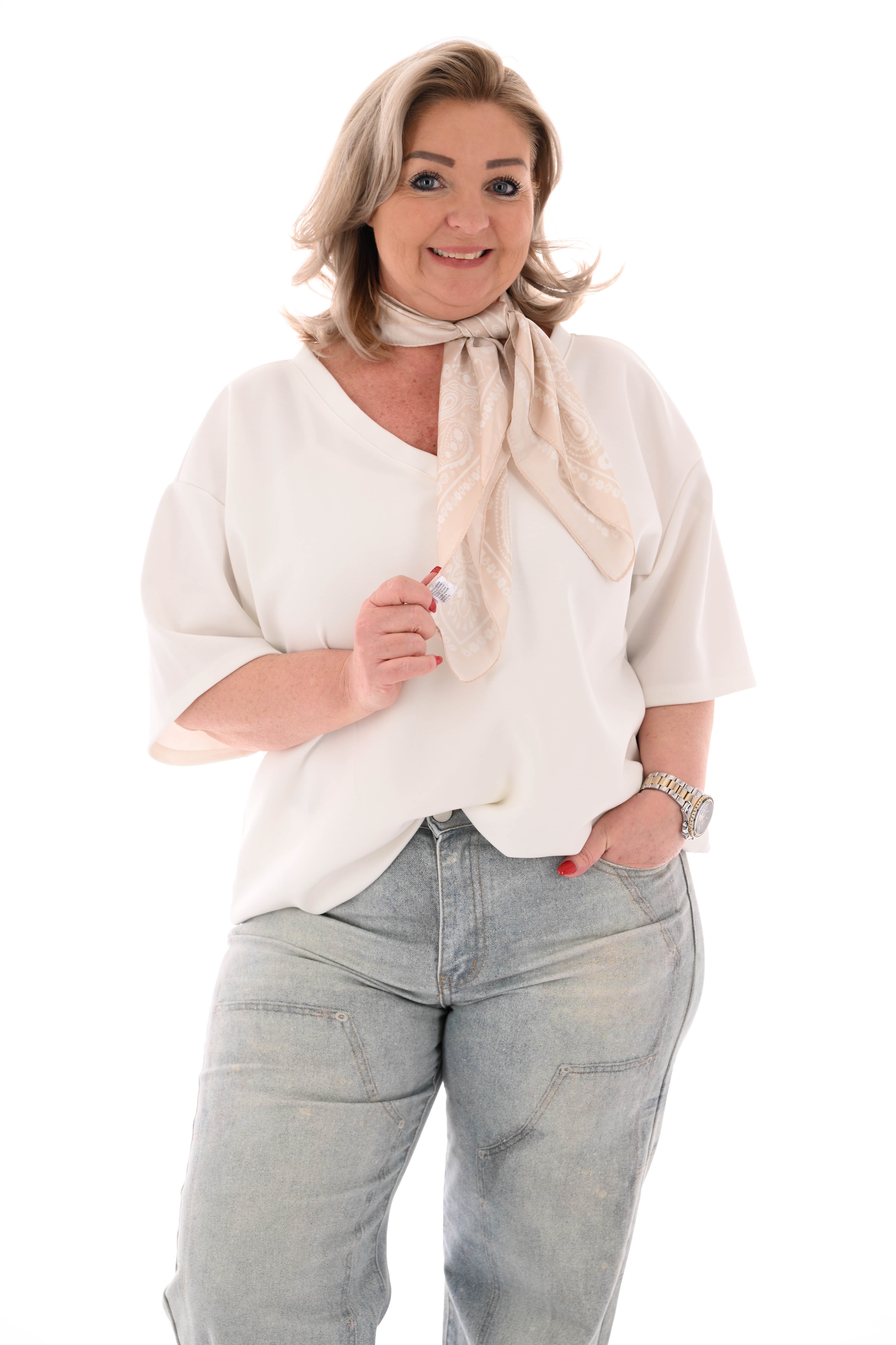 Sweater korte mouwen v-hals uni roomwit