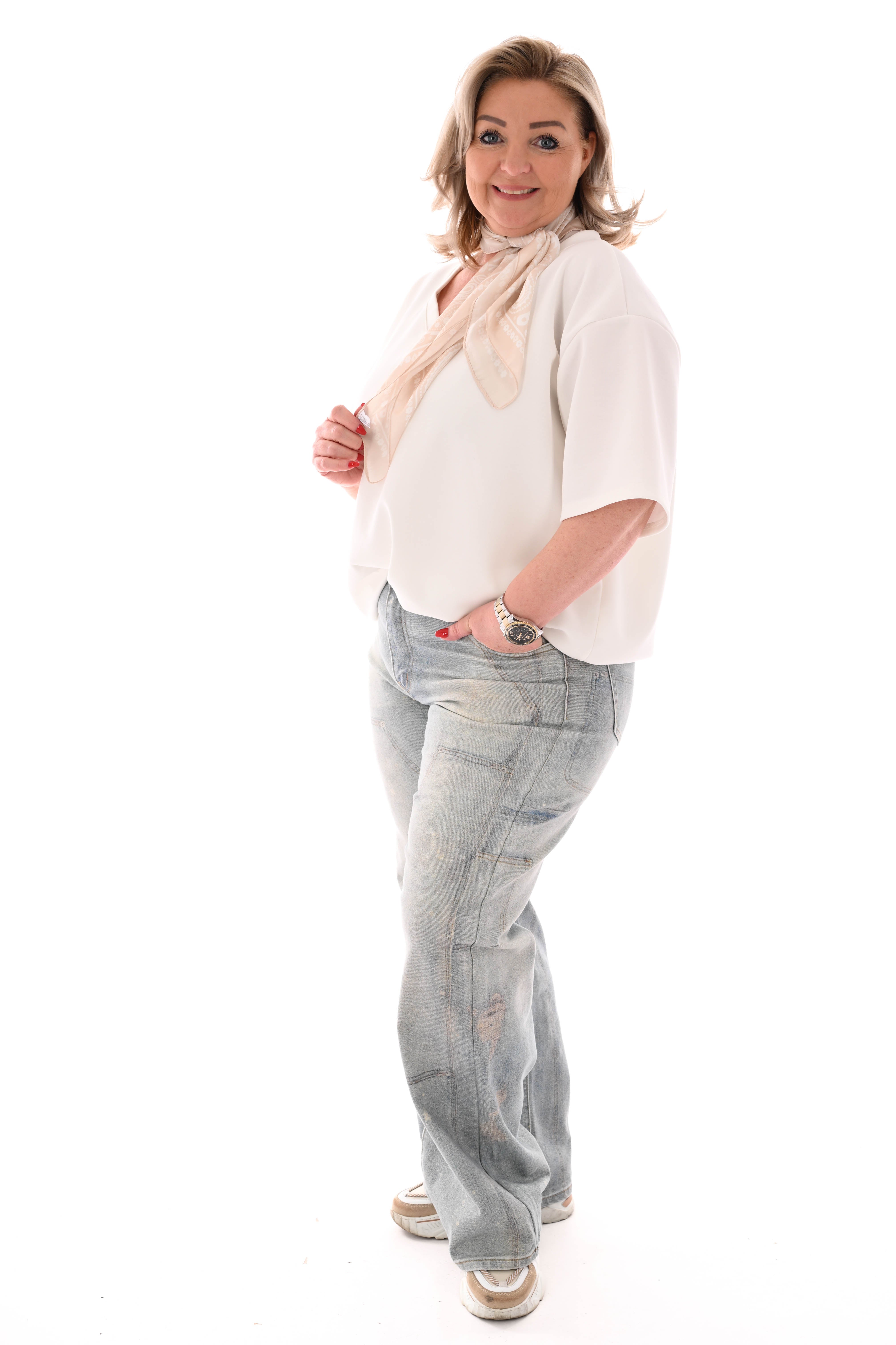 Sweater korte mouwen v-hals uni roomwit