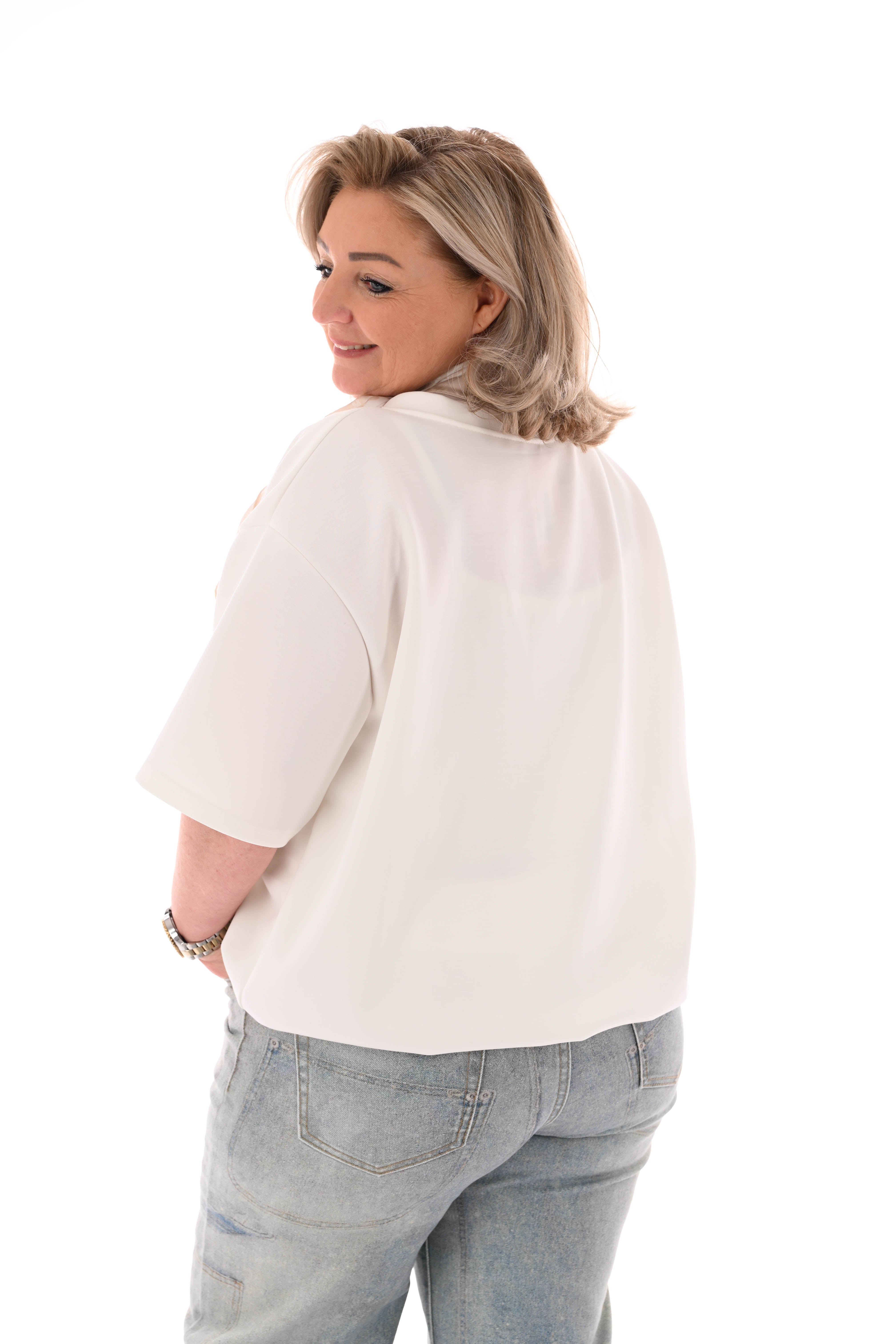 Sweater korte mouwen v-hals uni roomwit