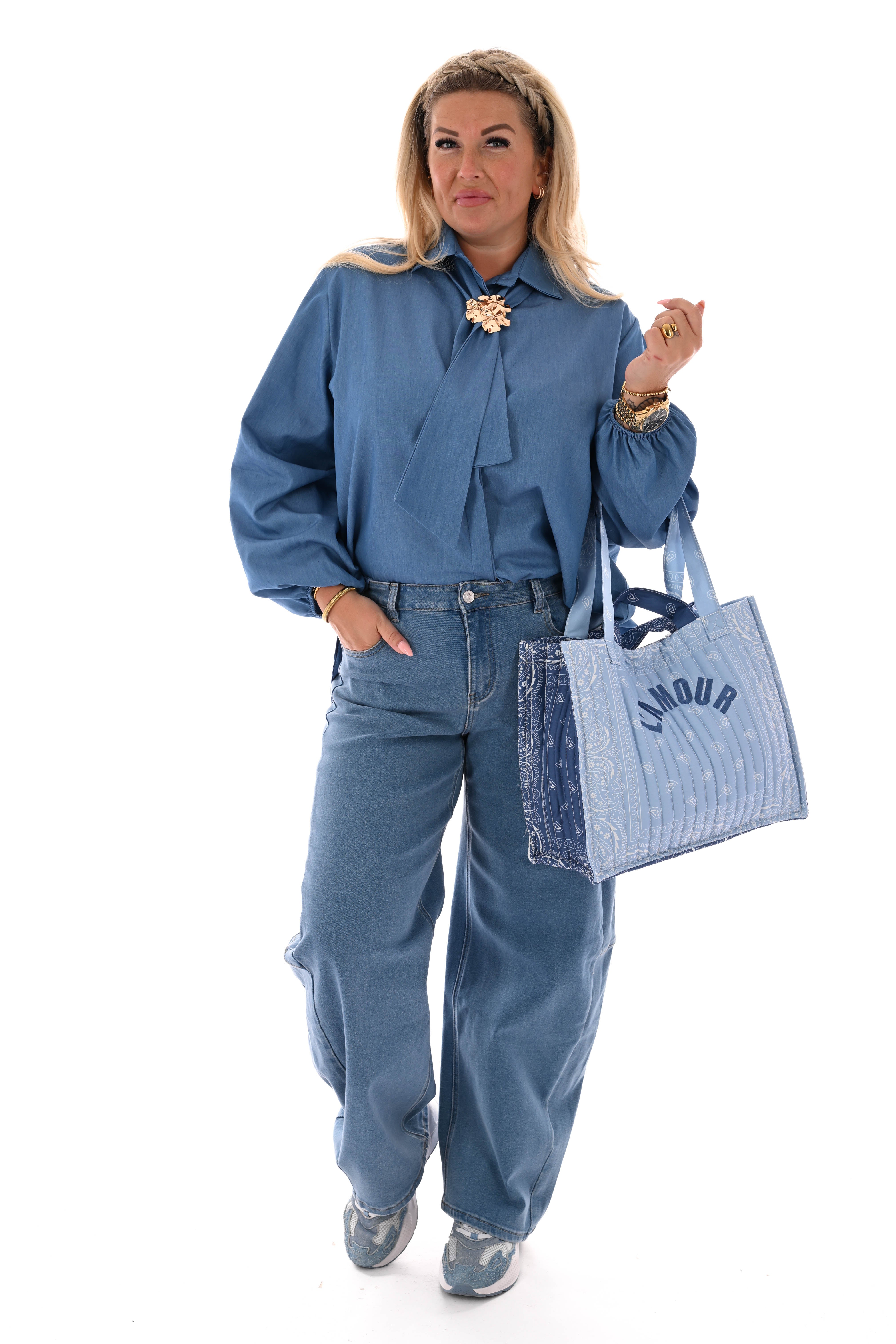 Jeans blouse met hals detail jeansblauw