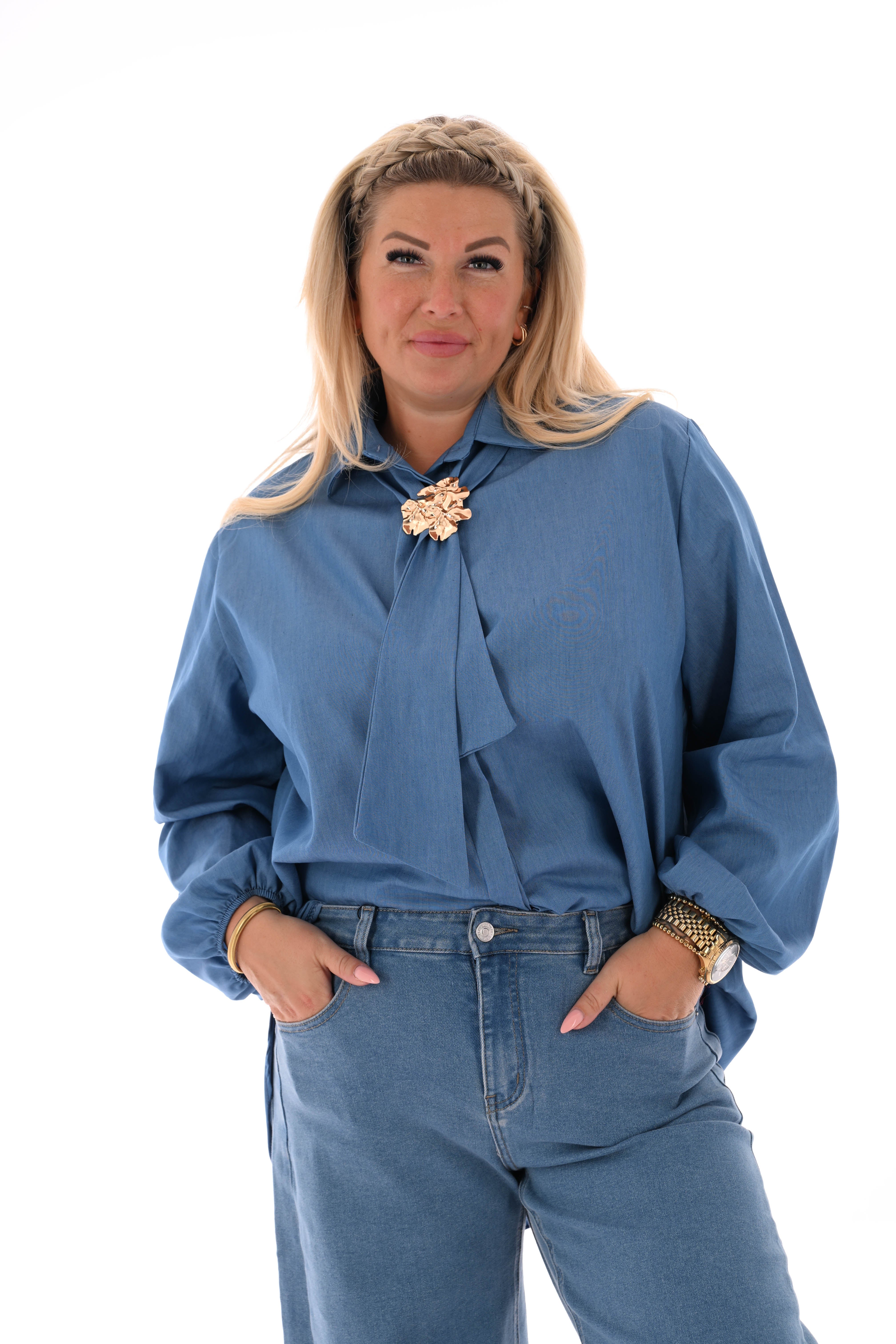 Jeans blouse met hals detail jeansblauw