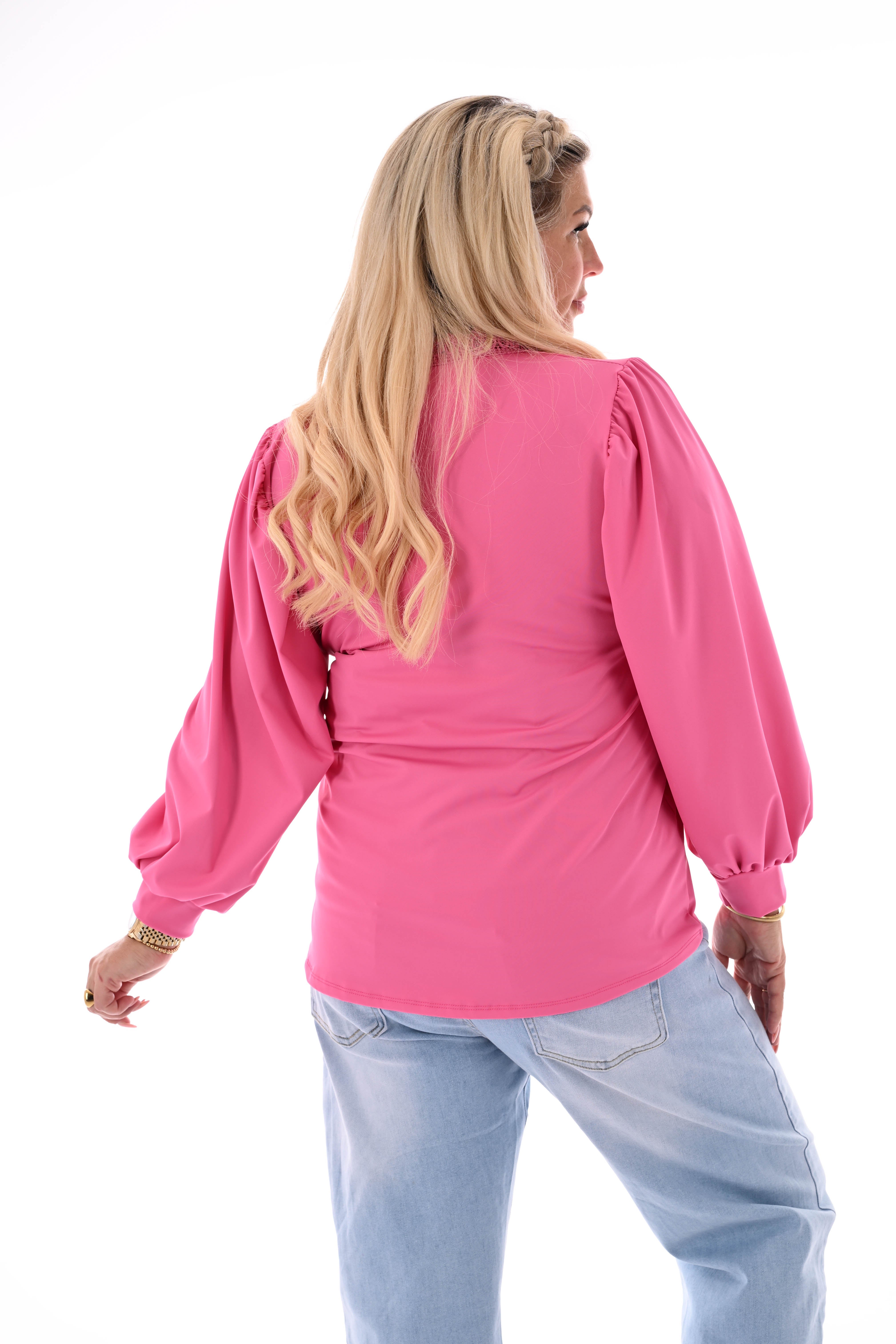 Top lange mouwen kanten v-hals roze