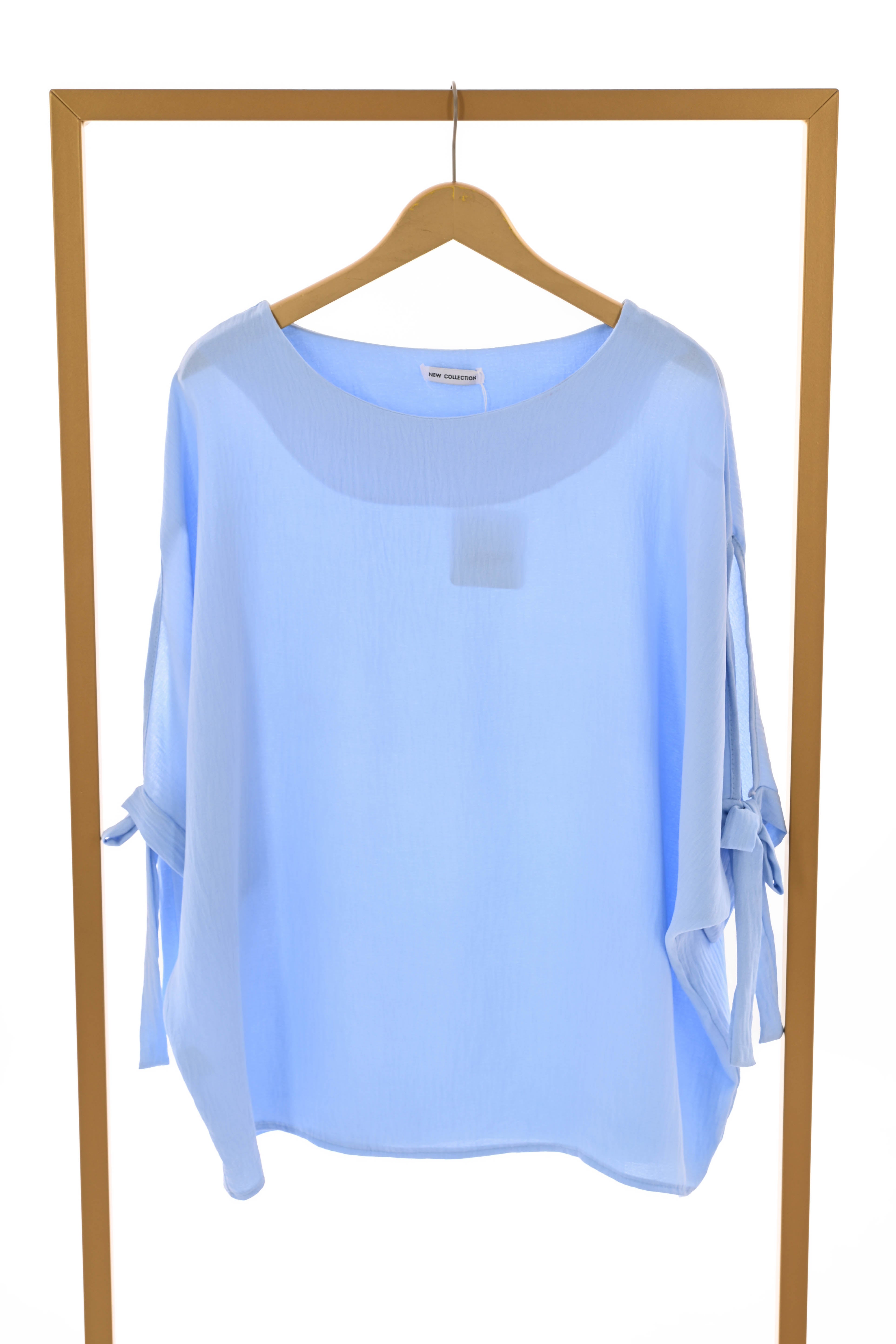 Top korte mouwen met strik uni lichtblauw