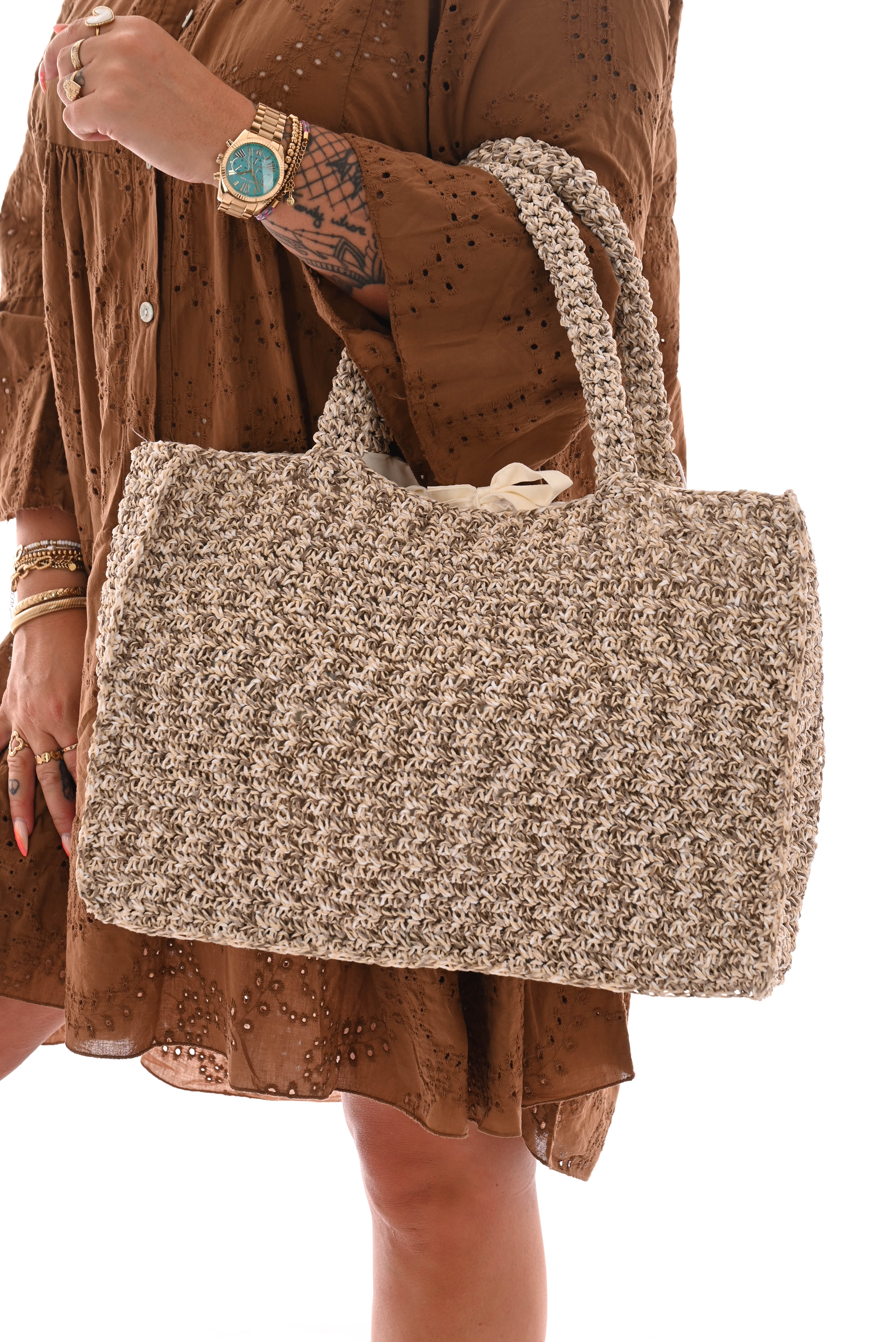 Geweven strandtas creme/bruin