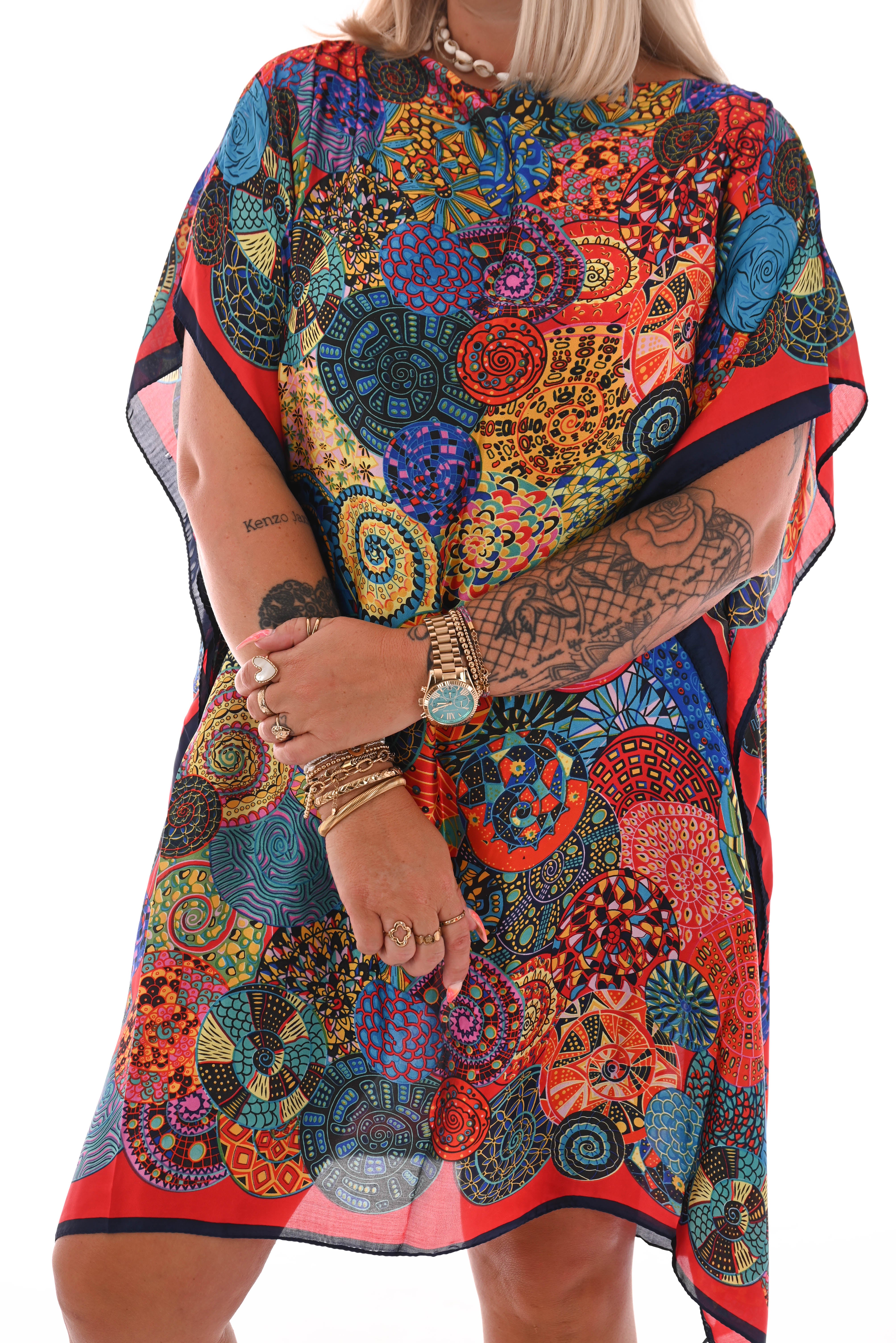 Kaftan cirkels rood/marineblauw