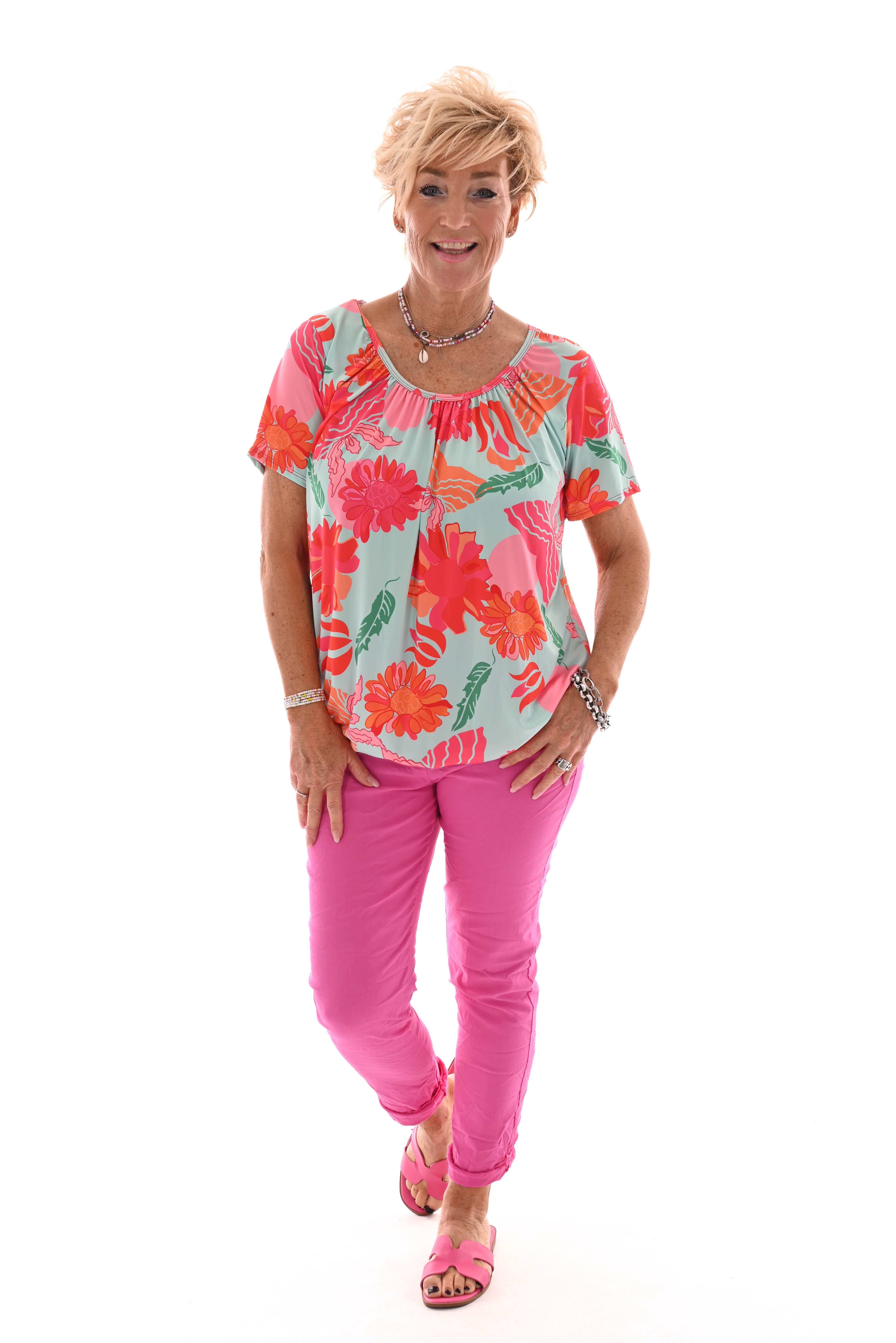Ballon top korte mouwen bloemen lichtblauw