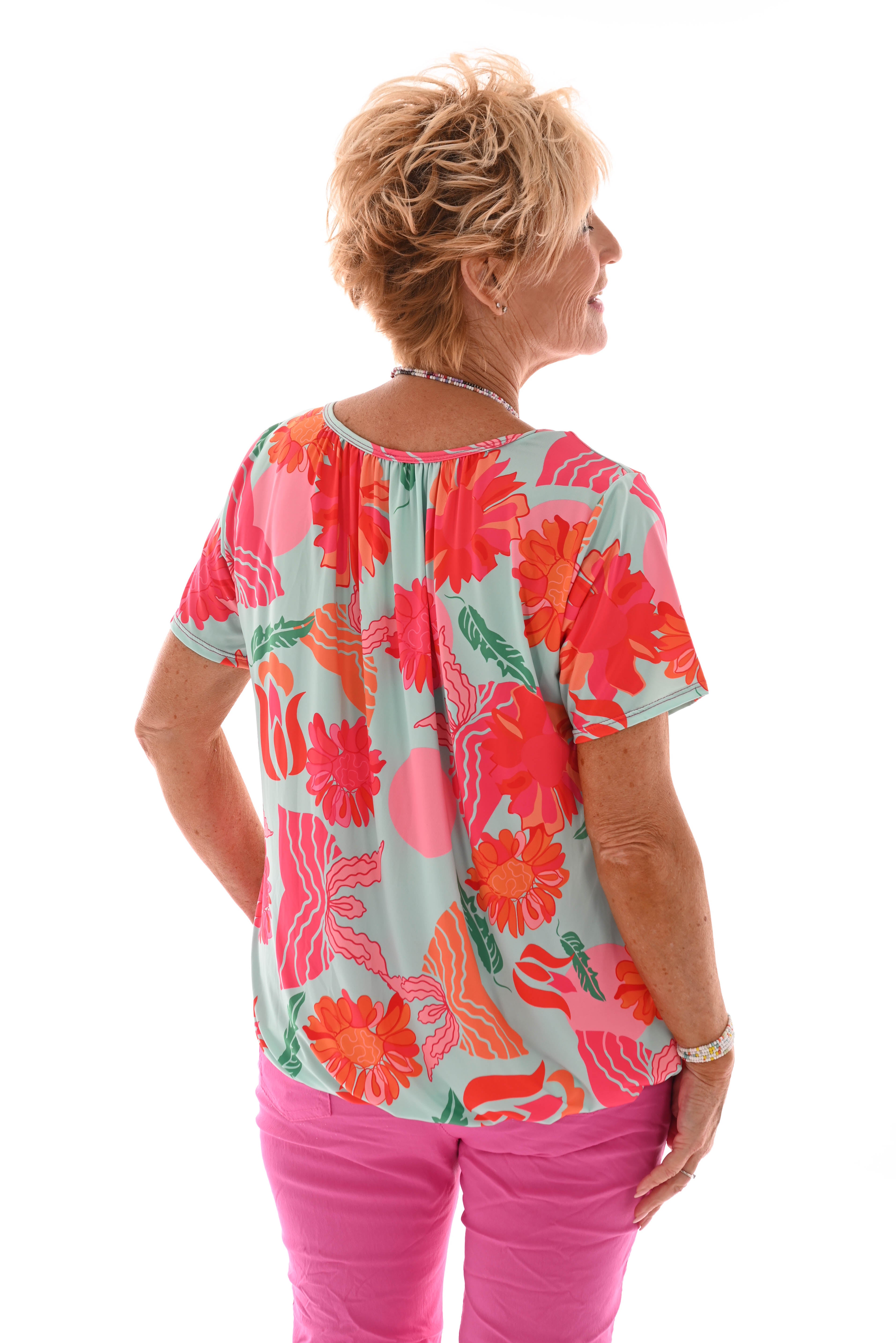 Ballon top korte mouwen bloemen lichtblauw