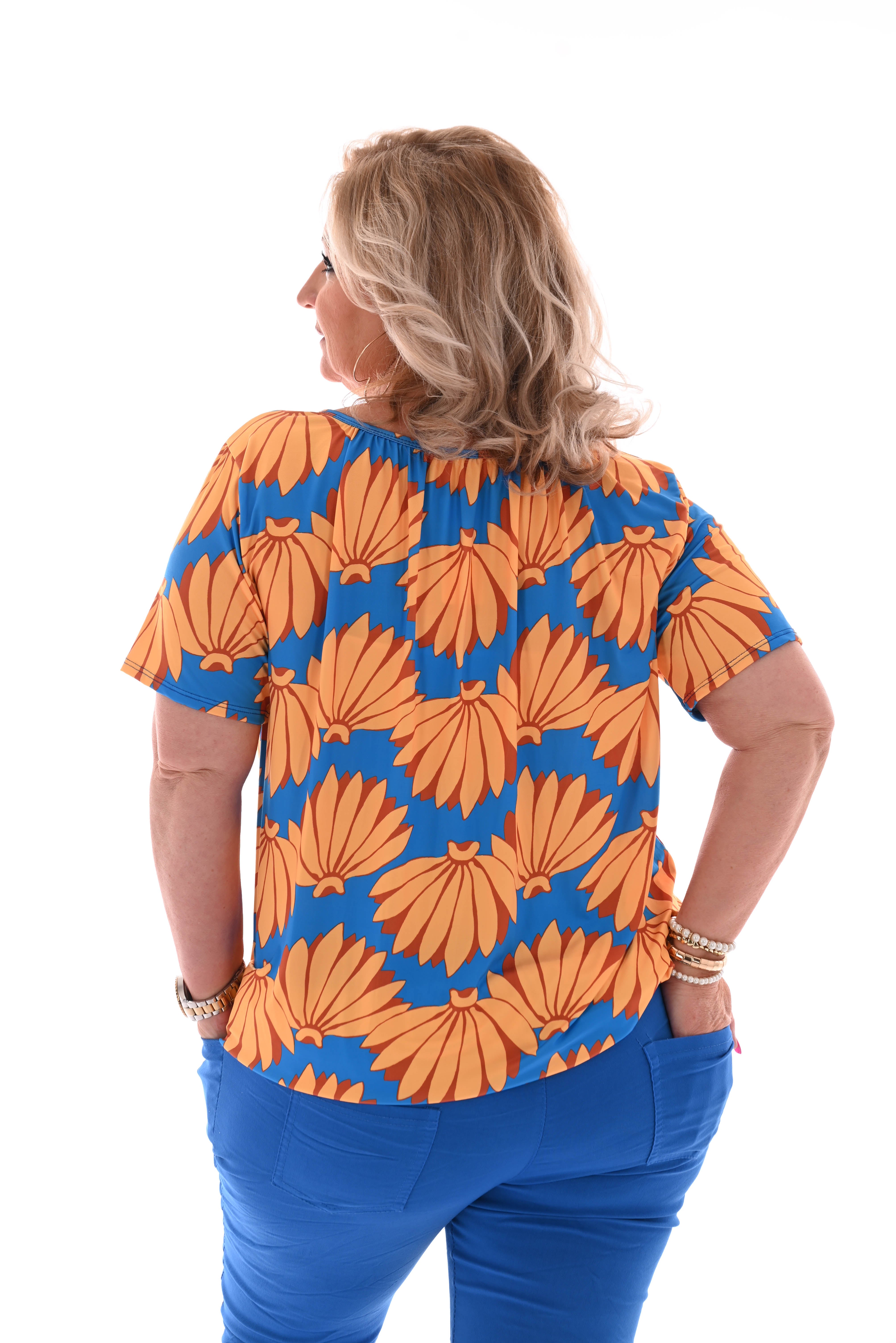 Ballon top korte mouwen bloemen blauw/geel