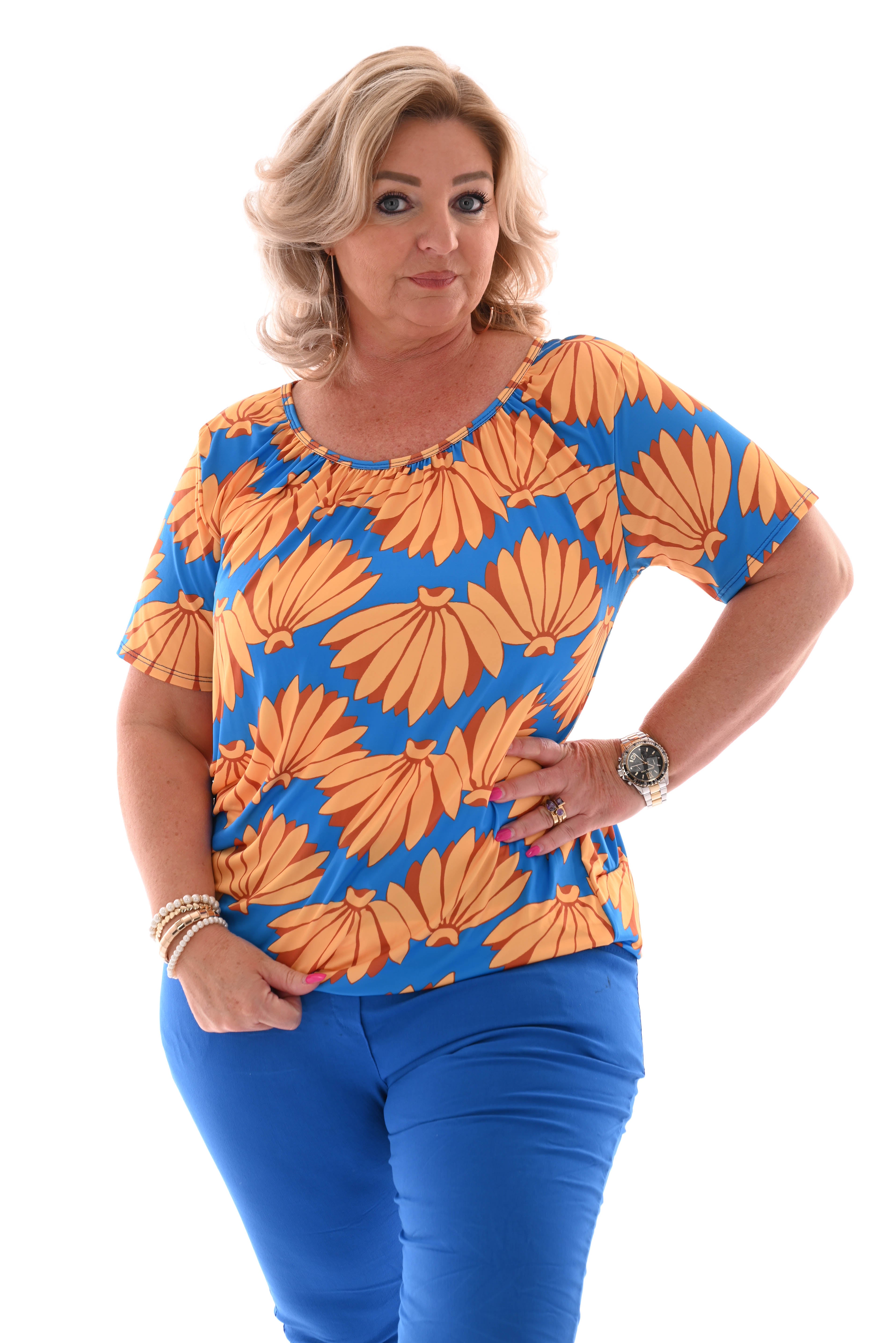 Ballon top korte mouwen bloemen blauw/geel
