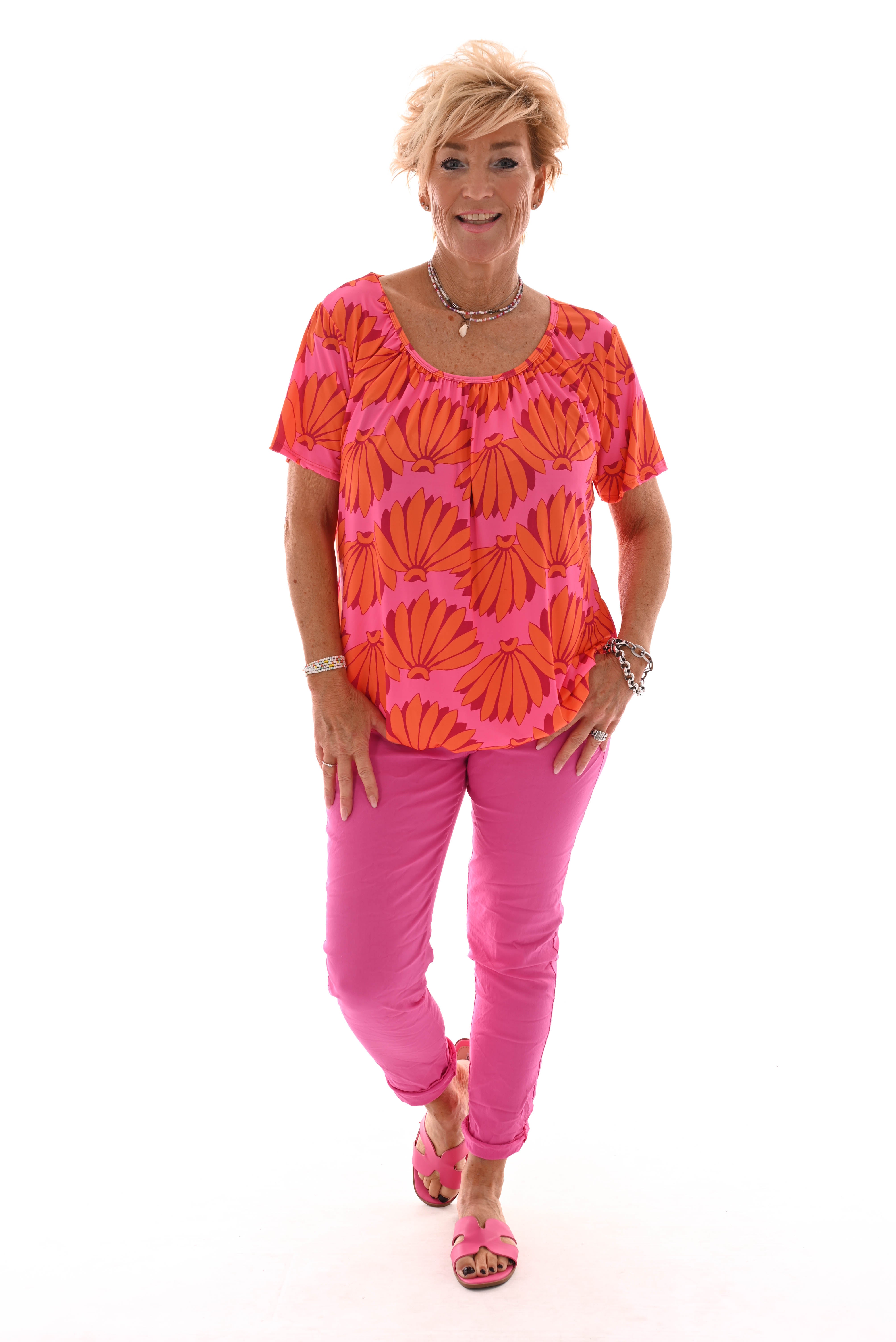 Ballon top korte mouwen bloemen roze/oranje