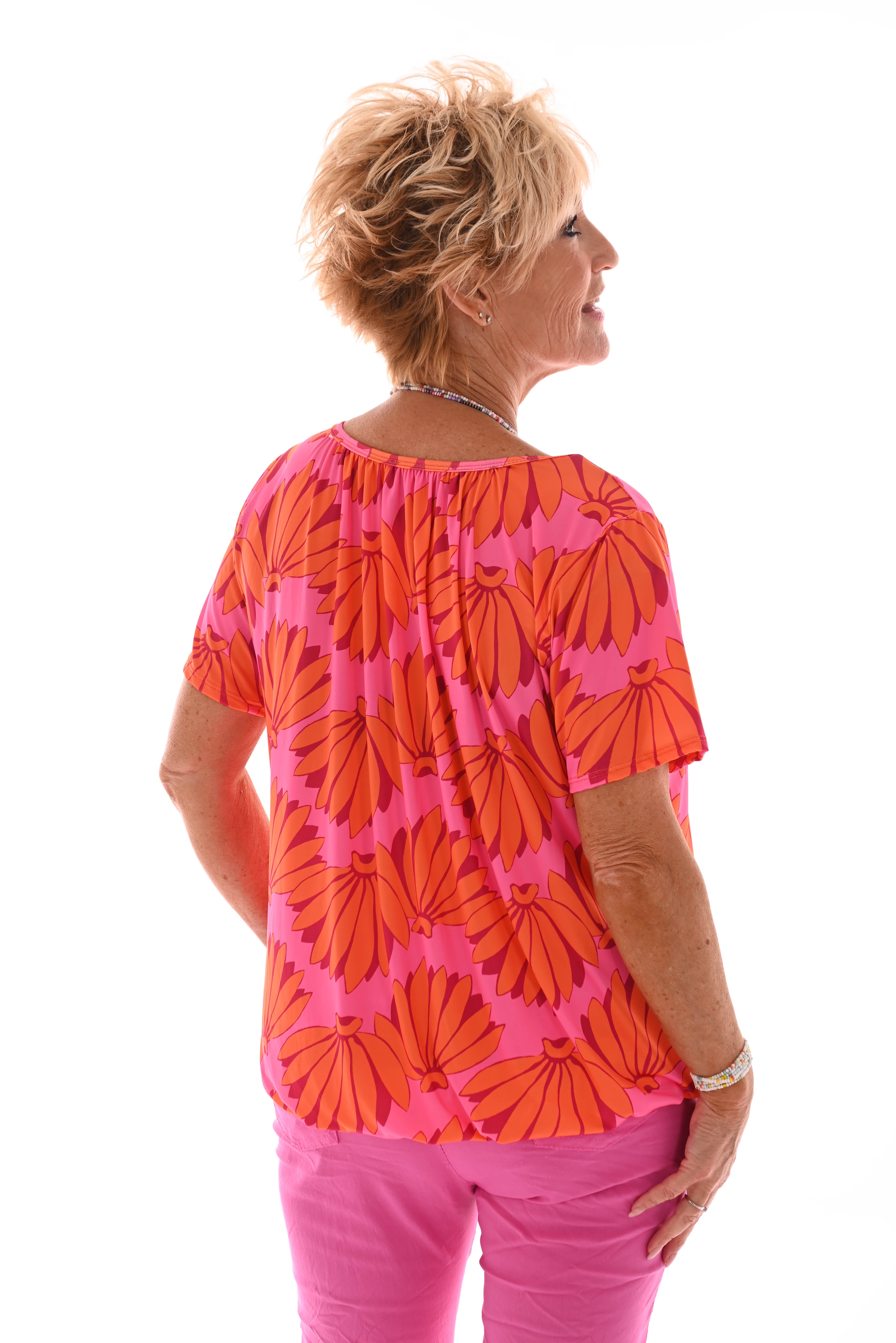Ballon top korte mouwen bloemen roze/oranje
