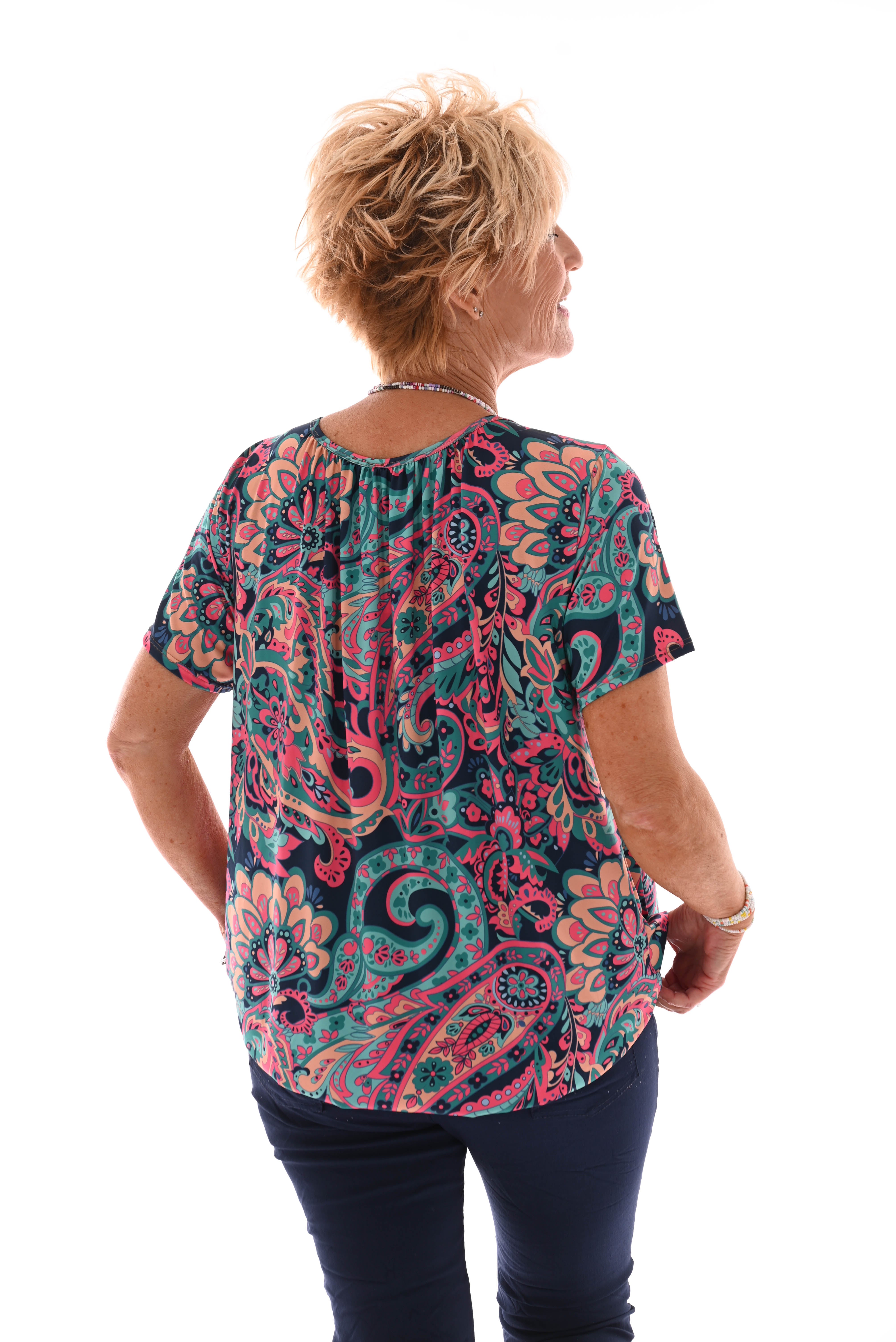 Ballon top korte mouwen paisley turquoise/marineblauw