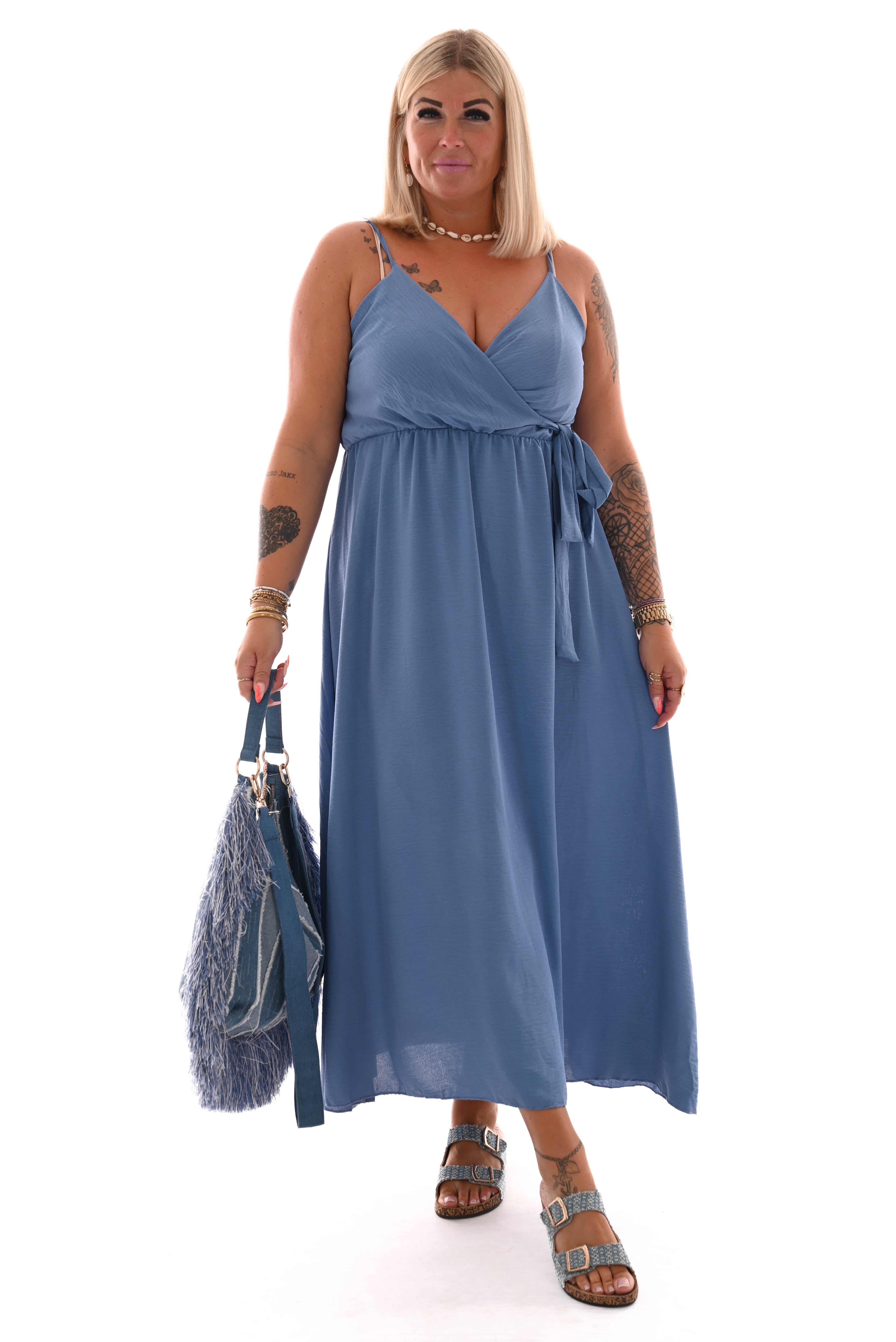 Maxi jurk spaghetti bandjes met strik uni jeansblauw