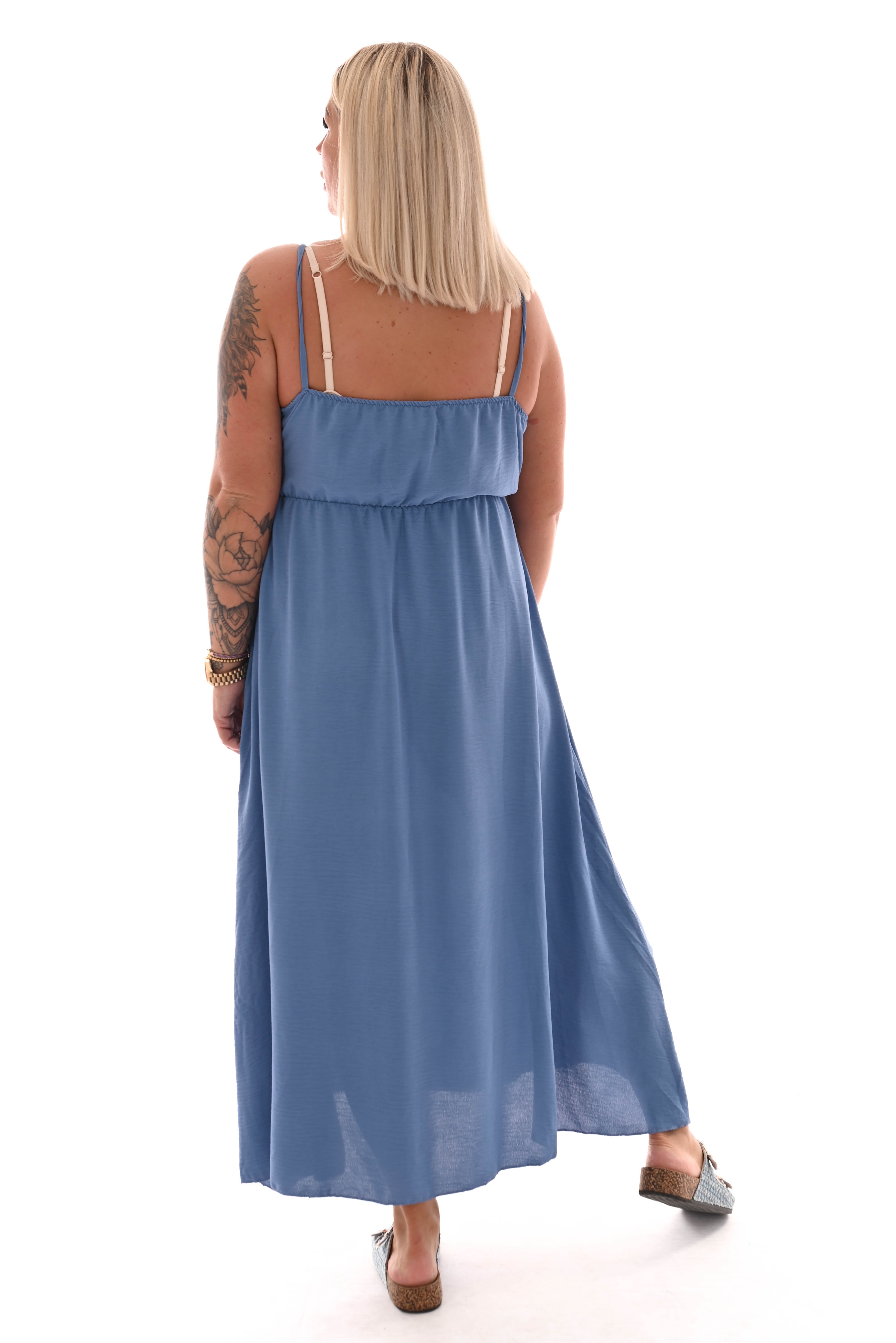 Maxi jurk spaghetti bandjes met strik uni jeansblauw