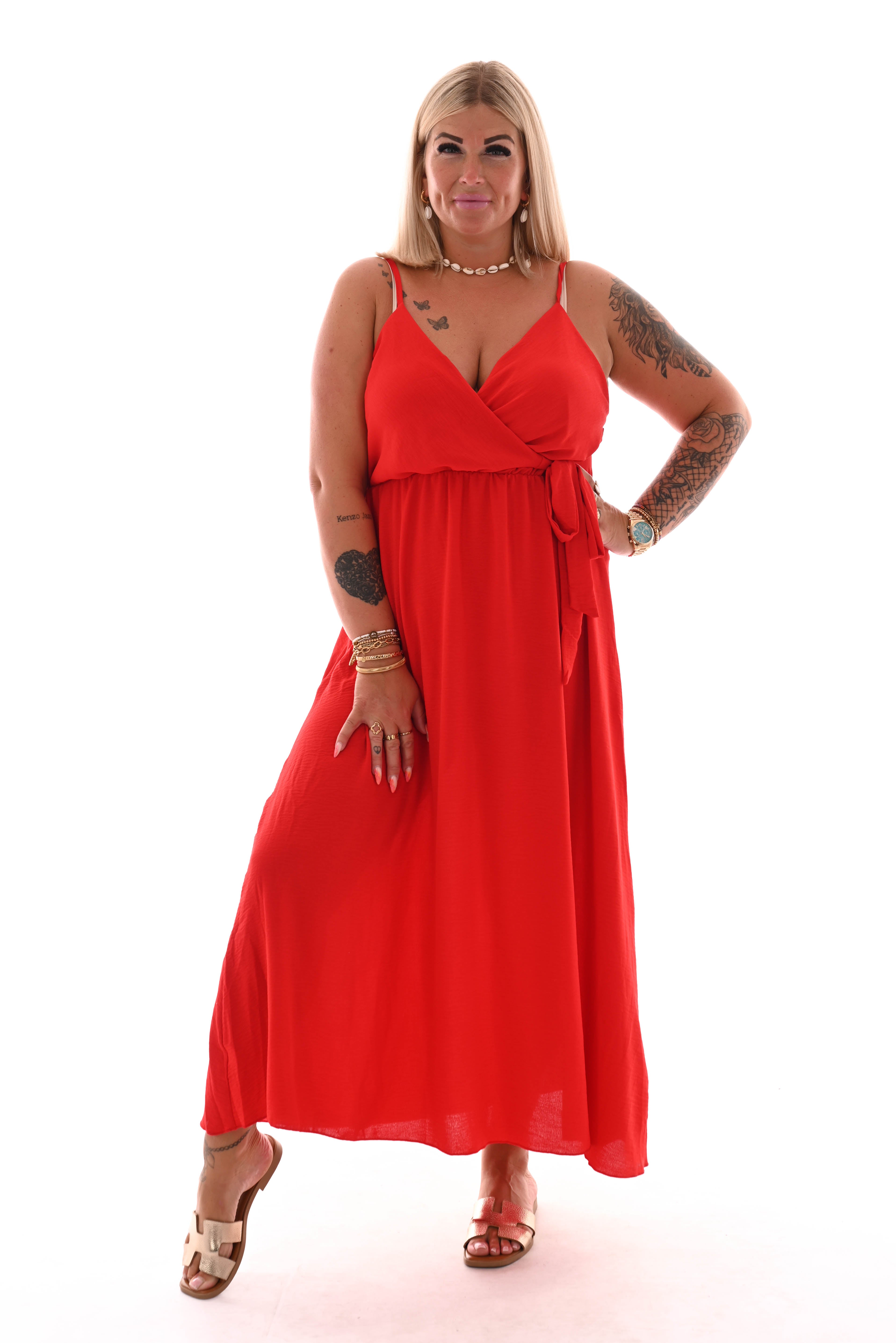 Maxi jurk spaghetti bandjes met strik uni rood