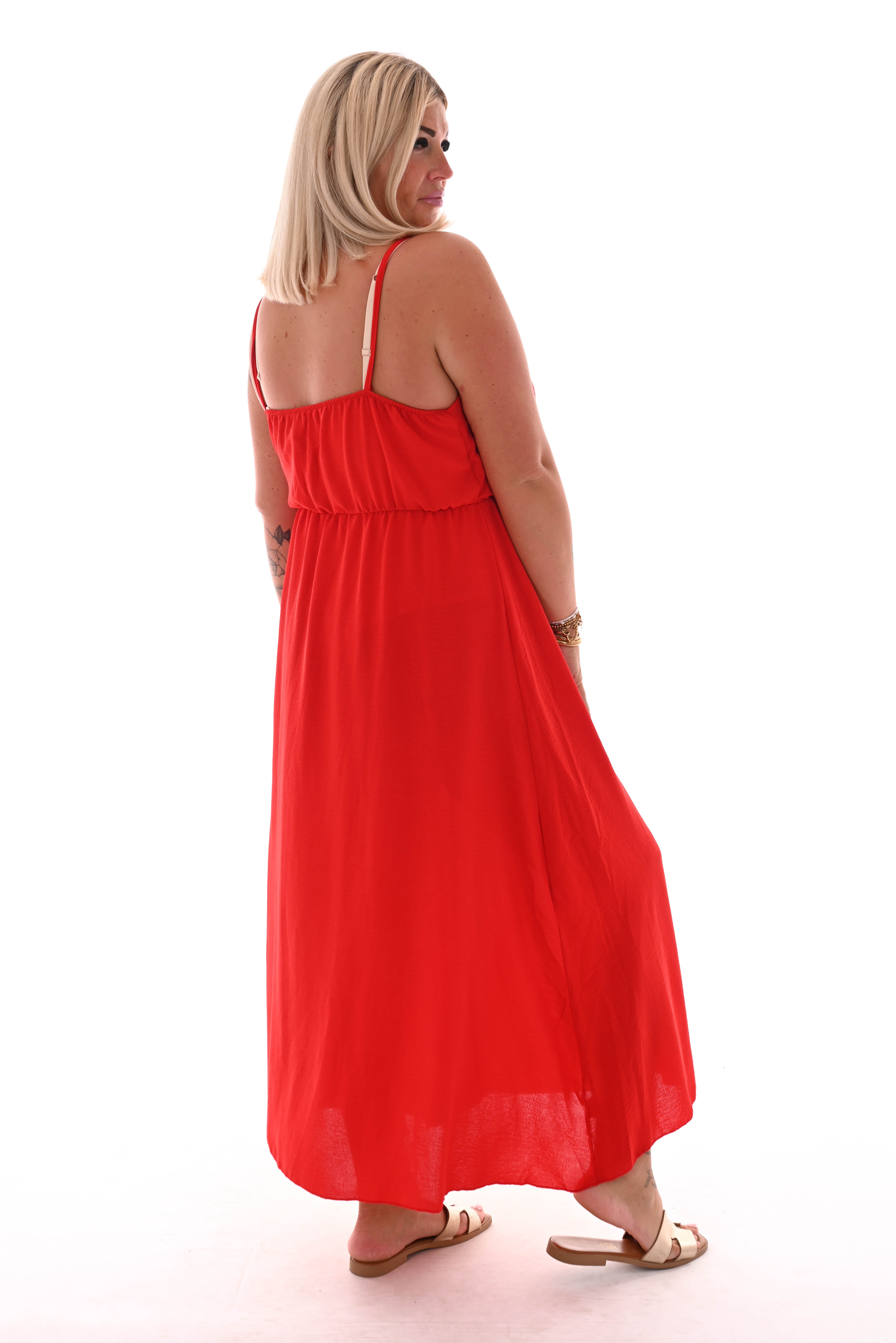 Maxi jurk spaghetti bandjes met strik uni rood
