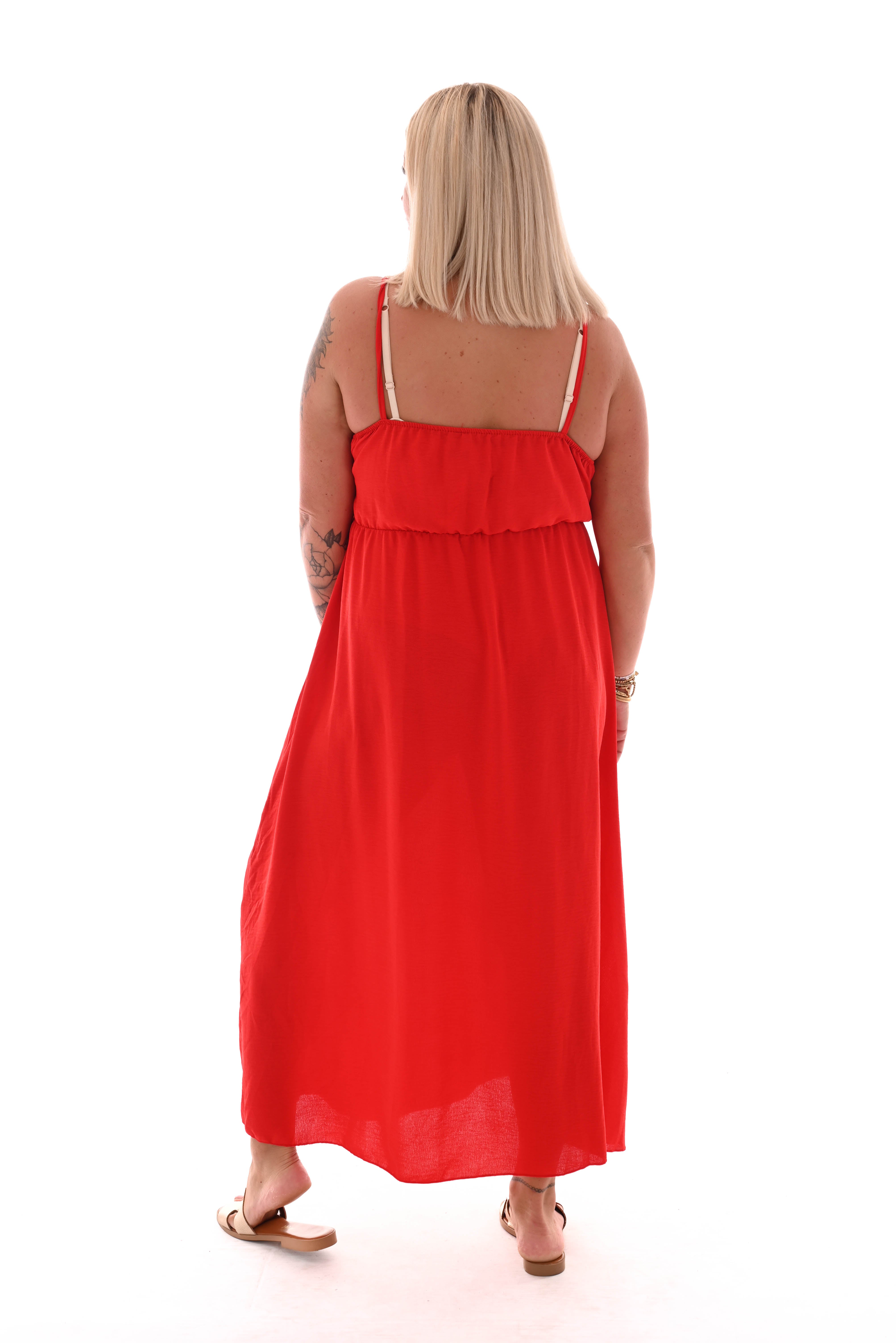 Maxi jurk spaghetti bandjes met strik uni rood