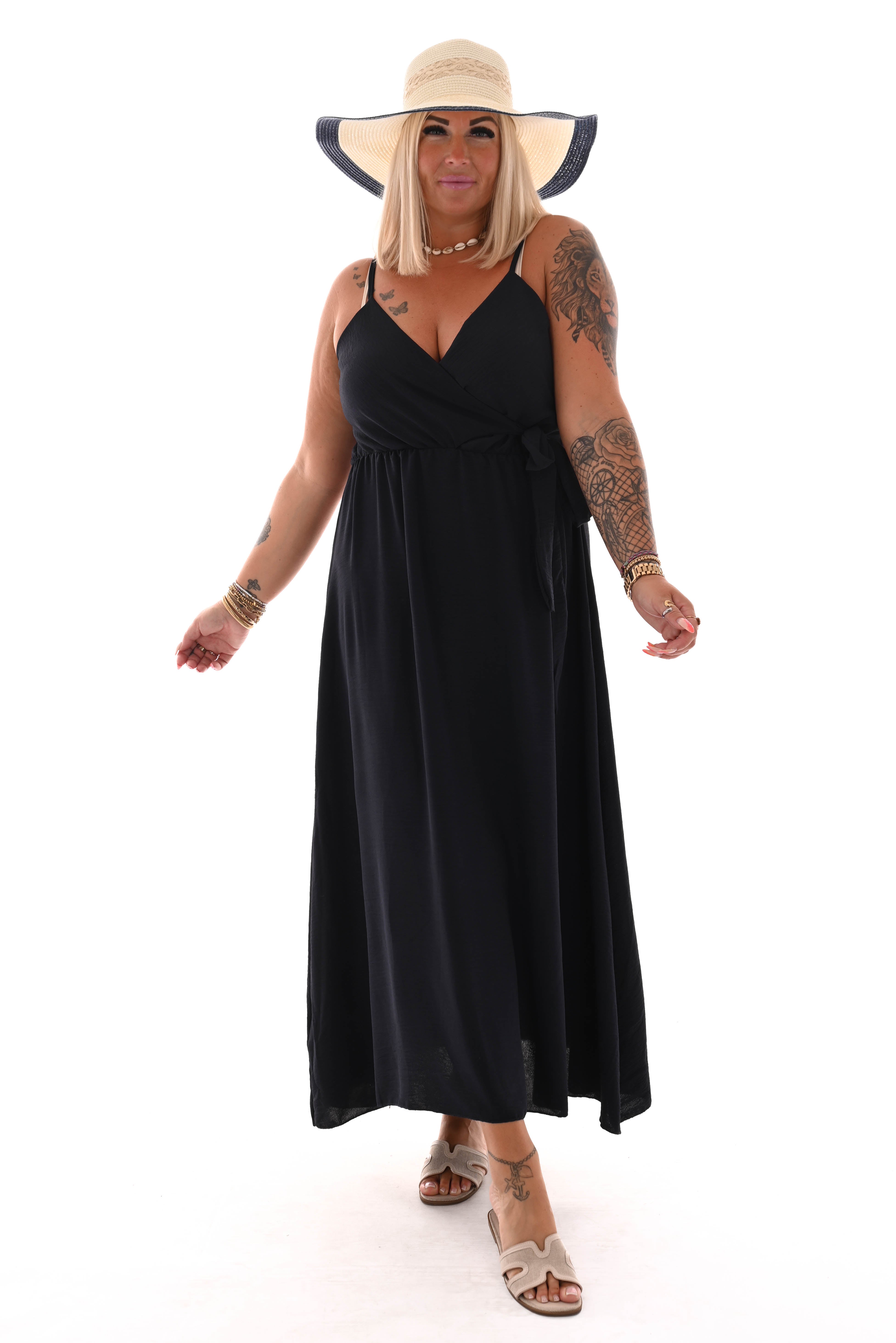 Maxi jurk spaghetti bandjes met strik uni marineblauw