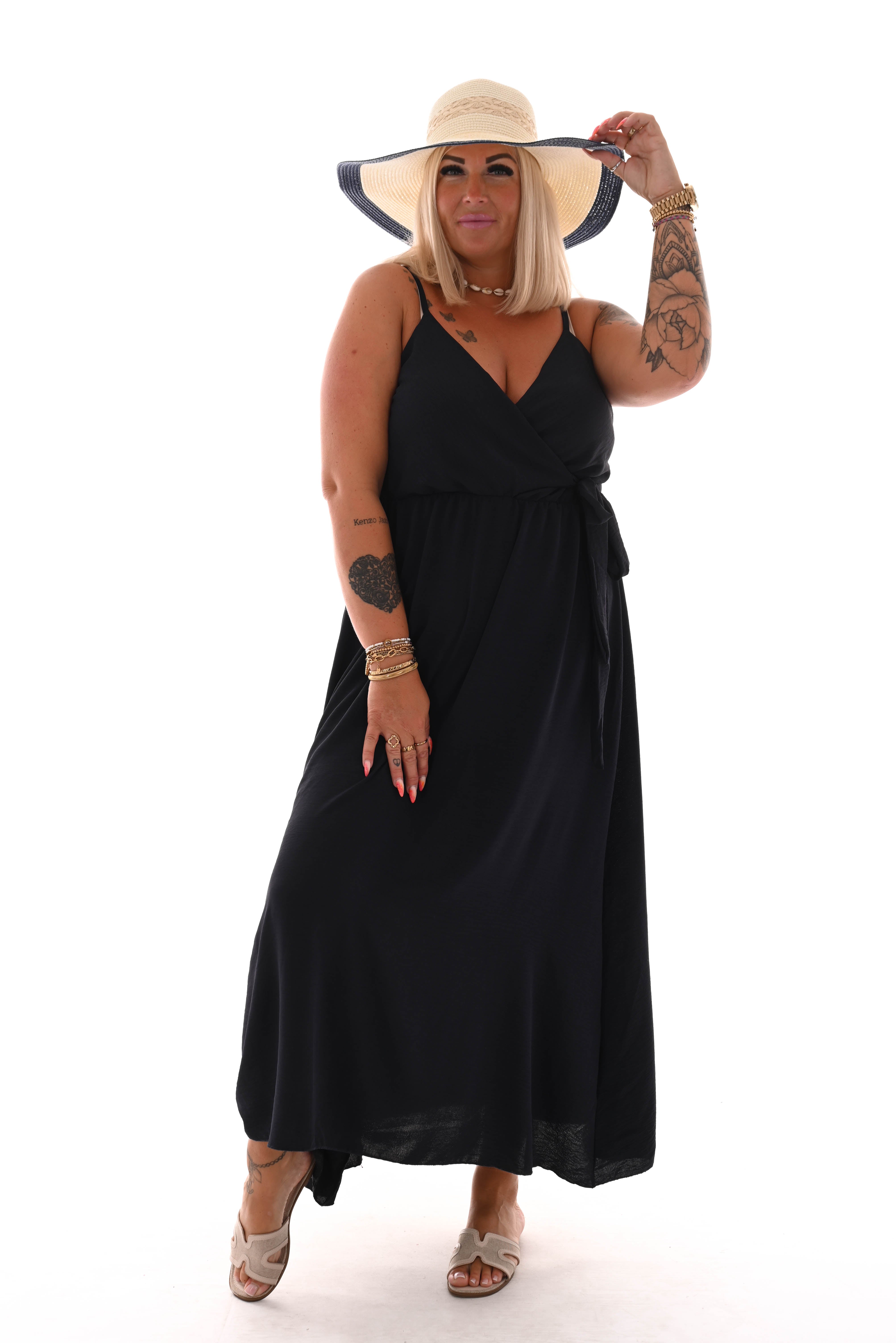 Maxi jurk spaghetti bandjes met strik uni marineblauw