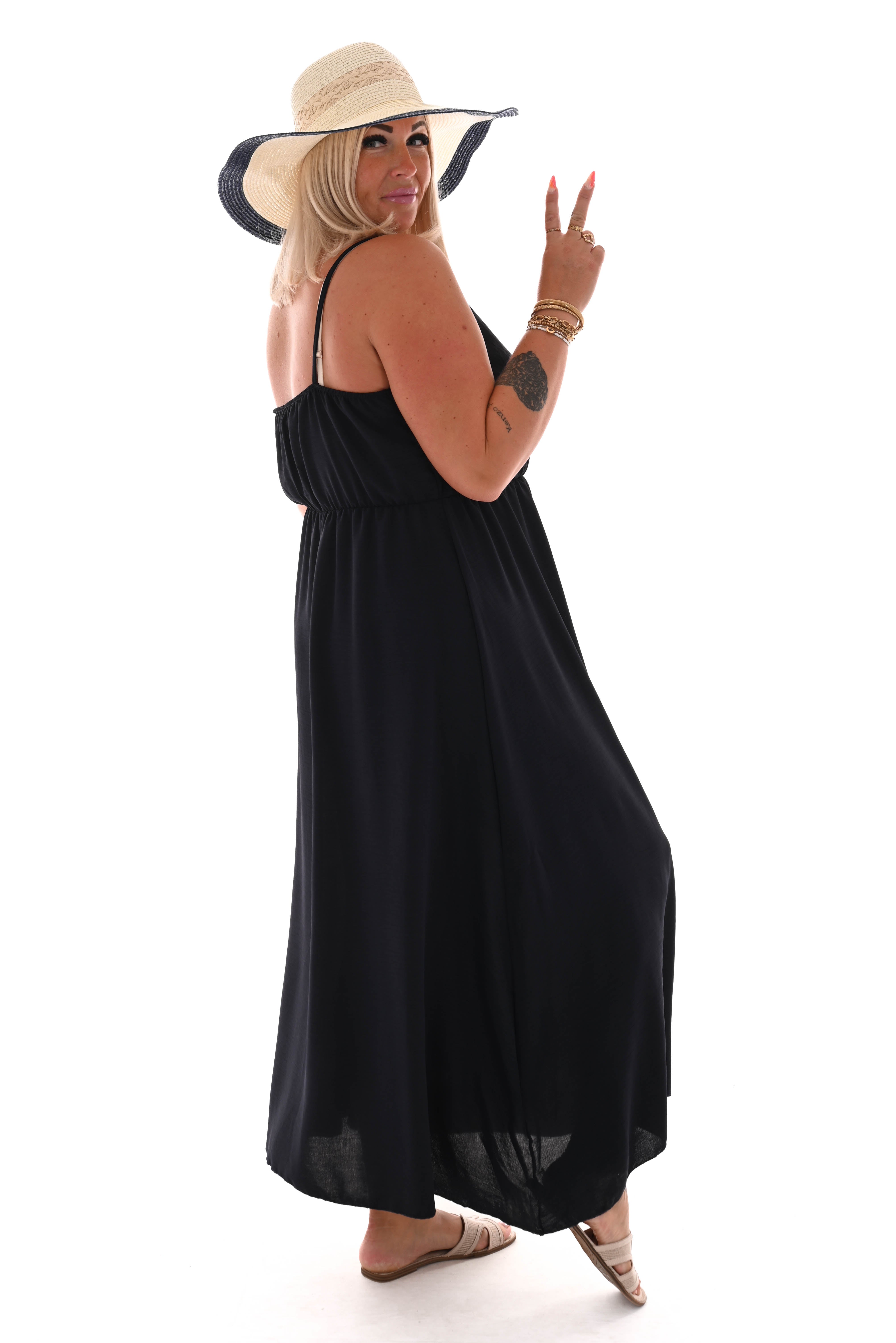 Maxi jurk spaghetti bandjes met strik uni marineblauw