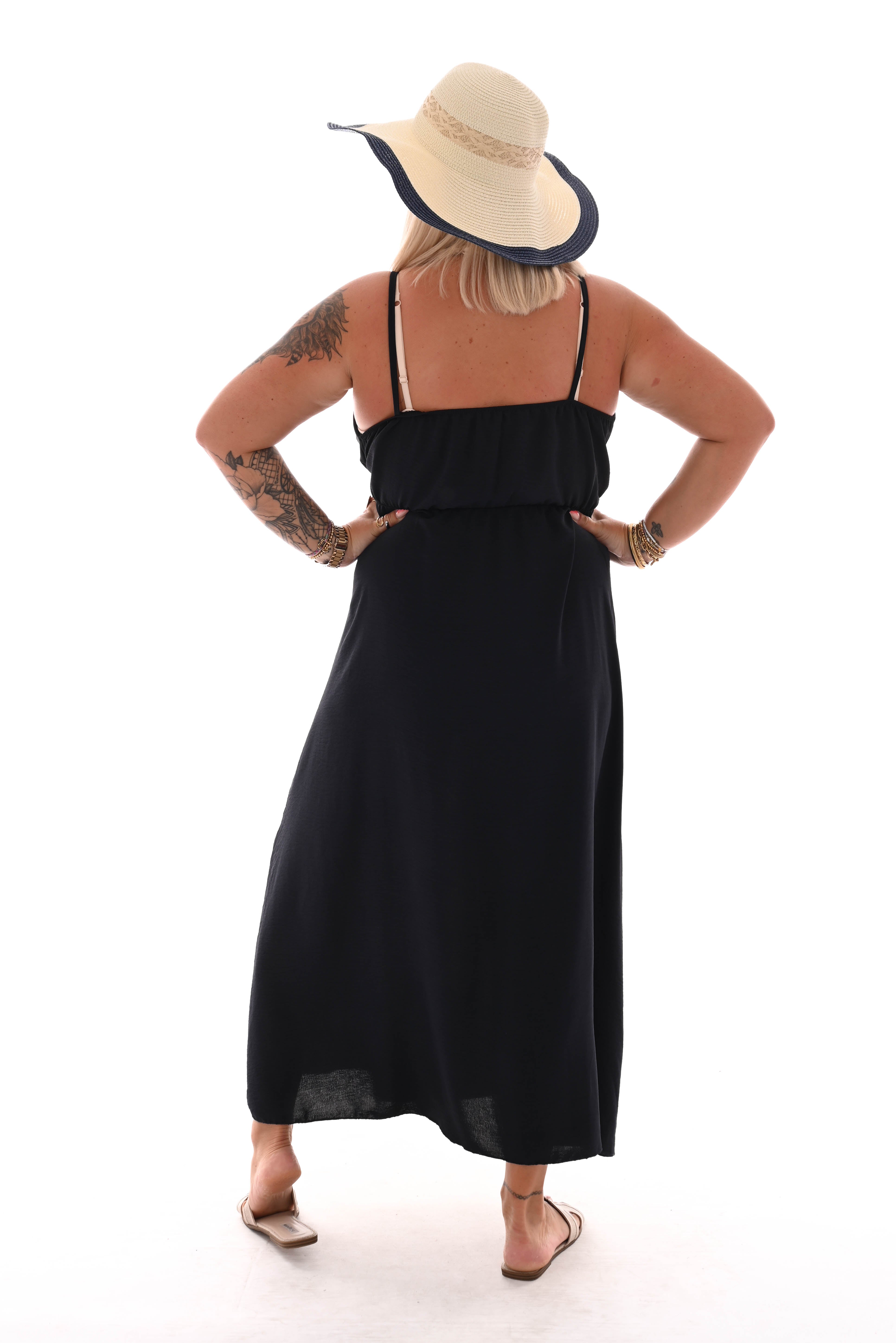 Maxi jurk spaghetti bandjes met strik uni marineblauw