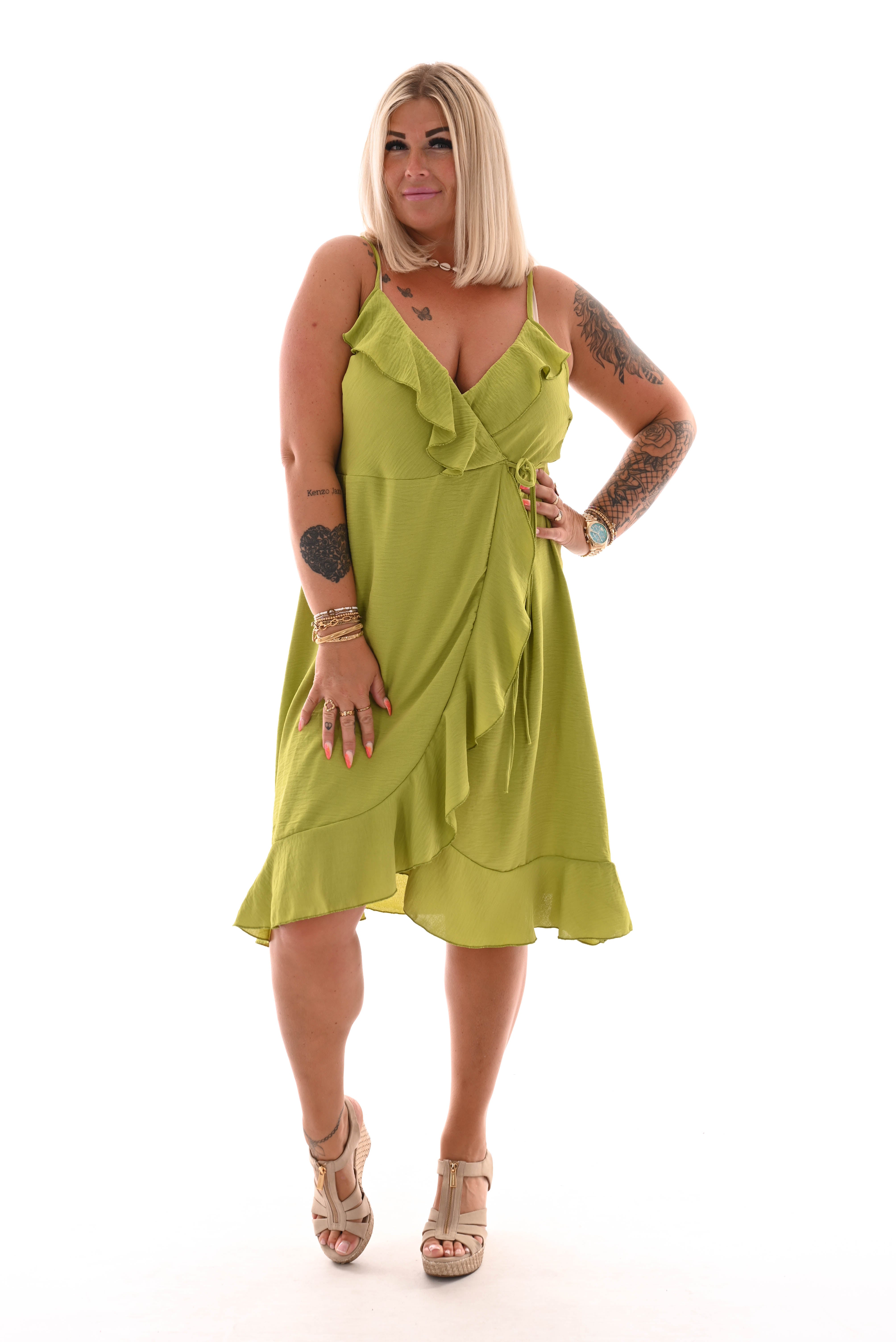 Midi wikkeljurk spaghetti bandjes roezels uni lime