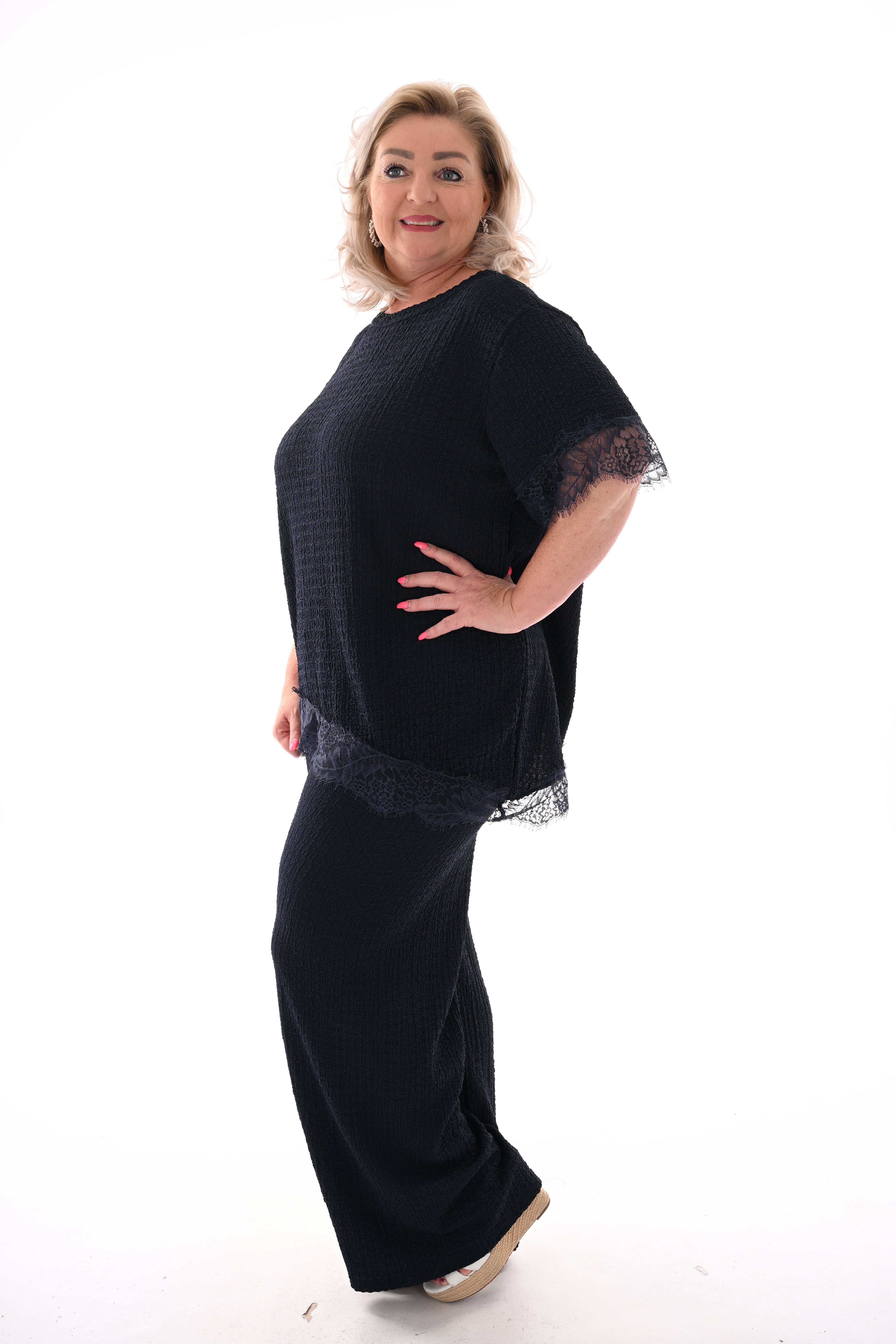 Tweedelig crepe set asymmetrisch marineblauw