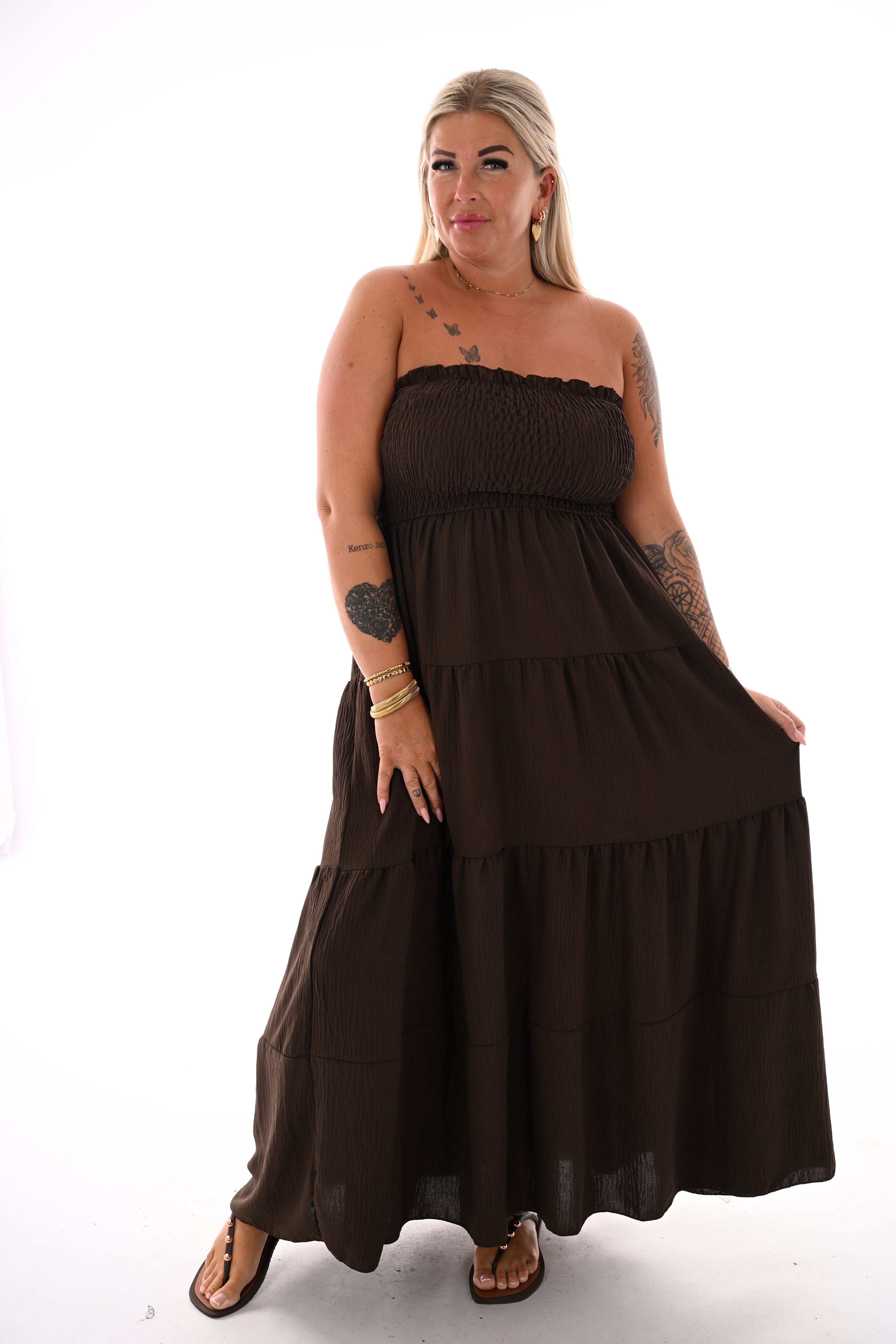 Off-shoulder jurk smock detail uni donkerbruin