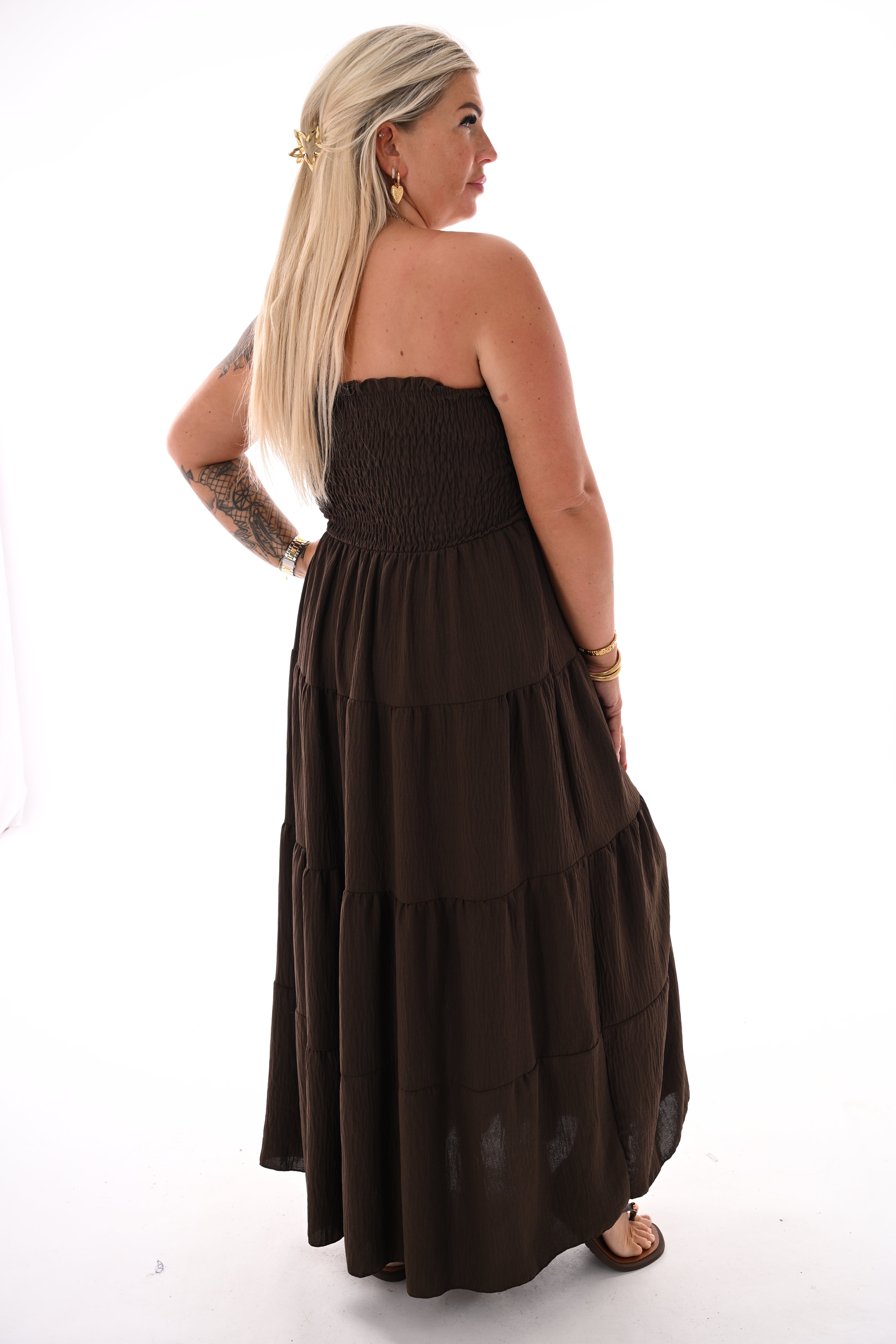 Off-shoulder jurk smock detail uni donkerbruin