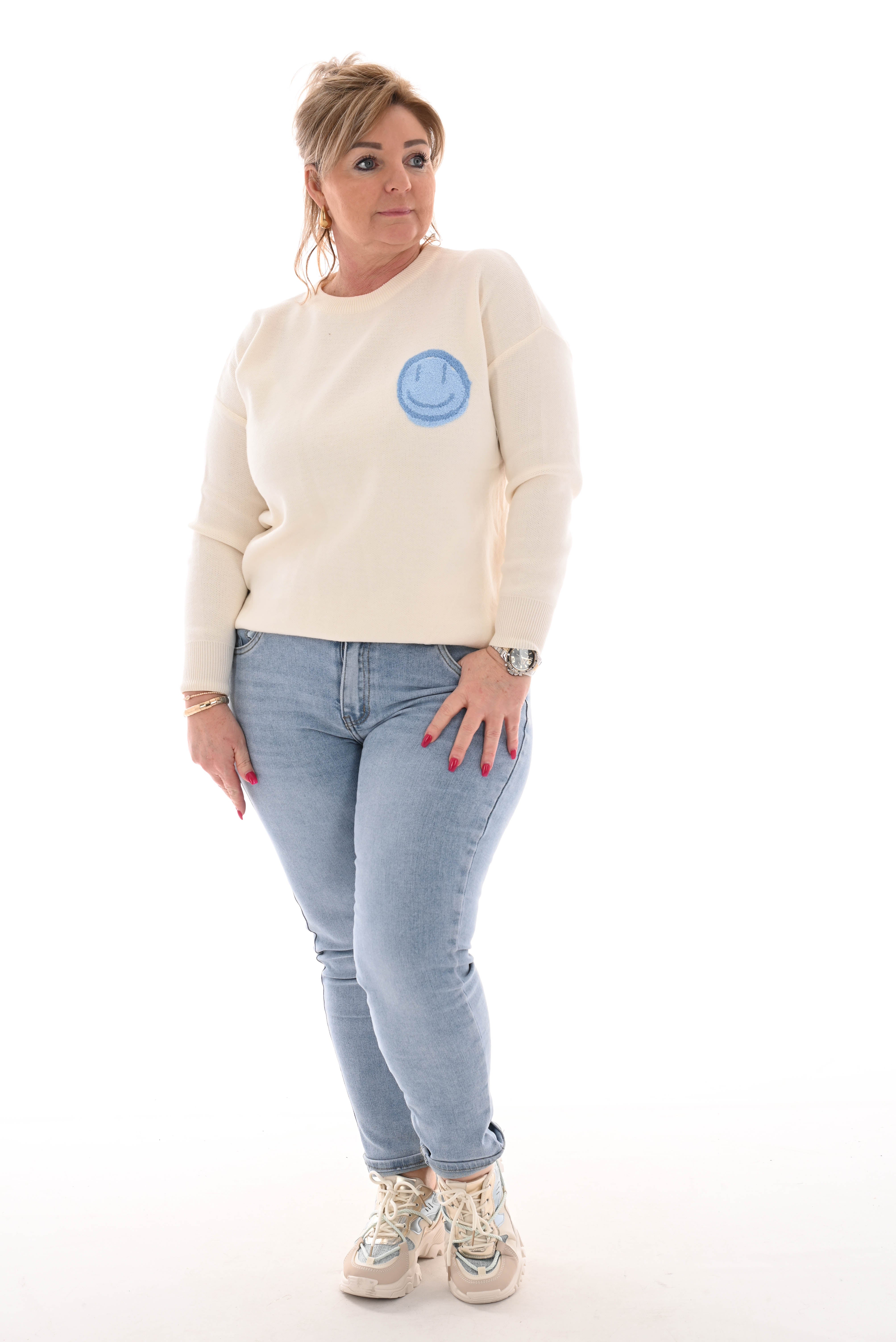 Trui smiley, hartjes en sterren blauw